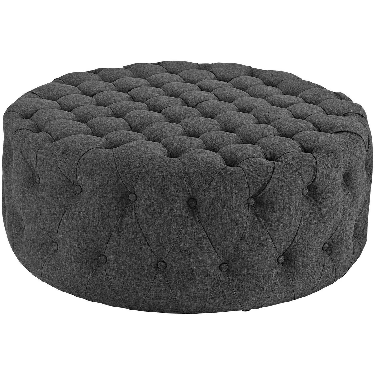 Tufted round gray ottoman with plush foam padding and button detailing all around || EEI-2225-GRY || front_studio