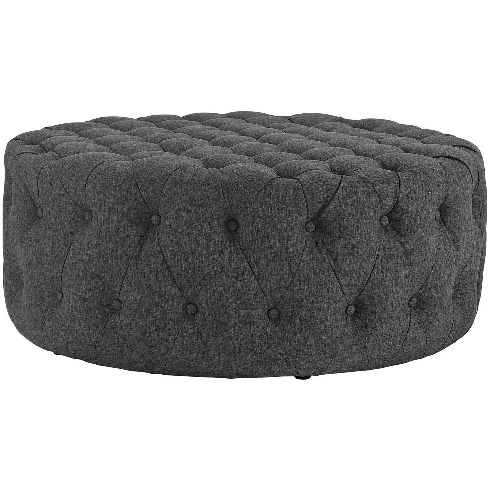 Low-profile gray fabric ottoman showcasing deep diamond tufting and smooth, cushioned top || EEI-2225-GRY || front_angle_studio