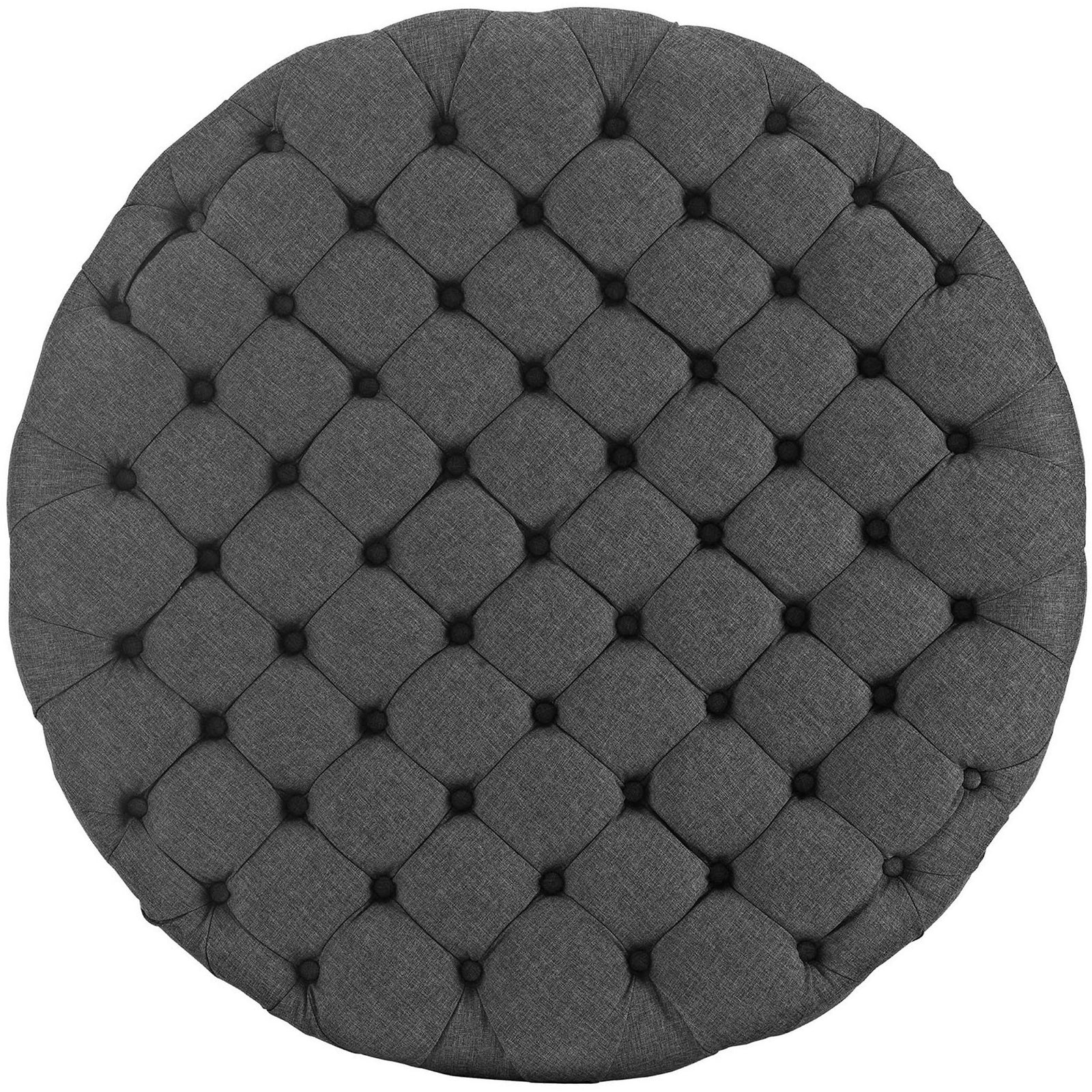 Overhead view of the round gray tufted ottoman highlighting its grid of soft, buttoned cushions || EEI-2225-GRY || top_studio