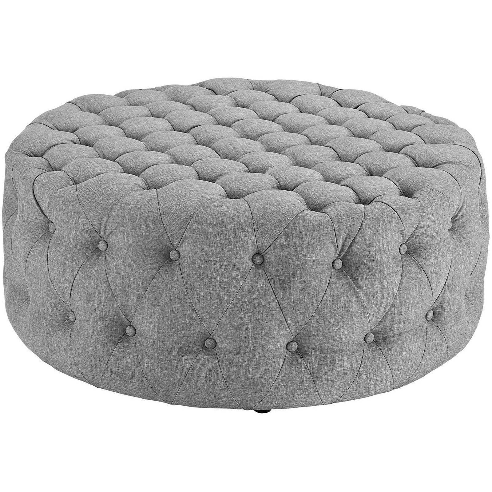 Light gray round ottoman with deep diamond tufting for plush, modern texture || EEI-2225-LGR || front_angle_studio