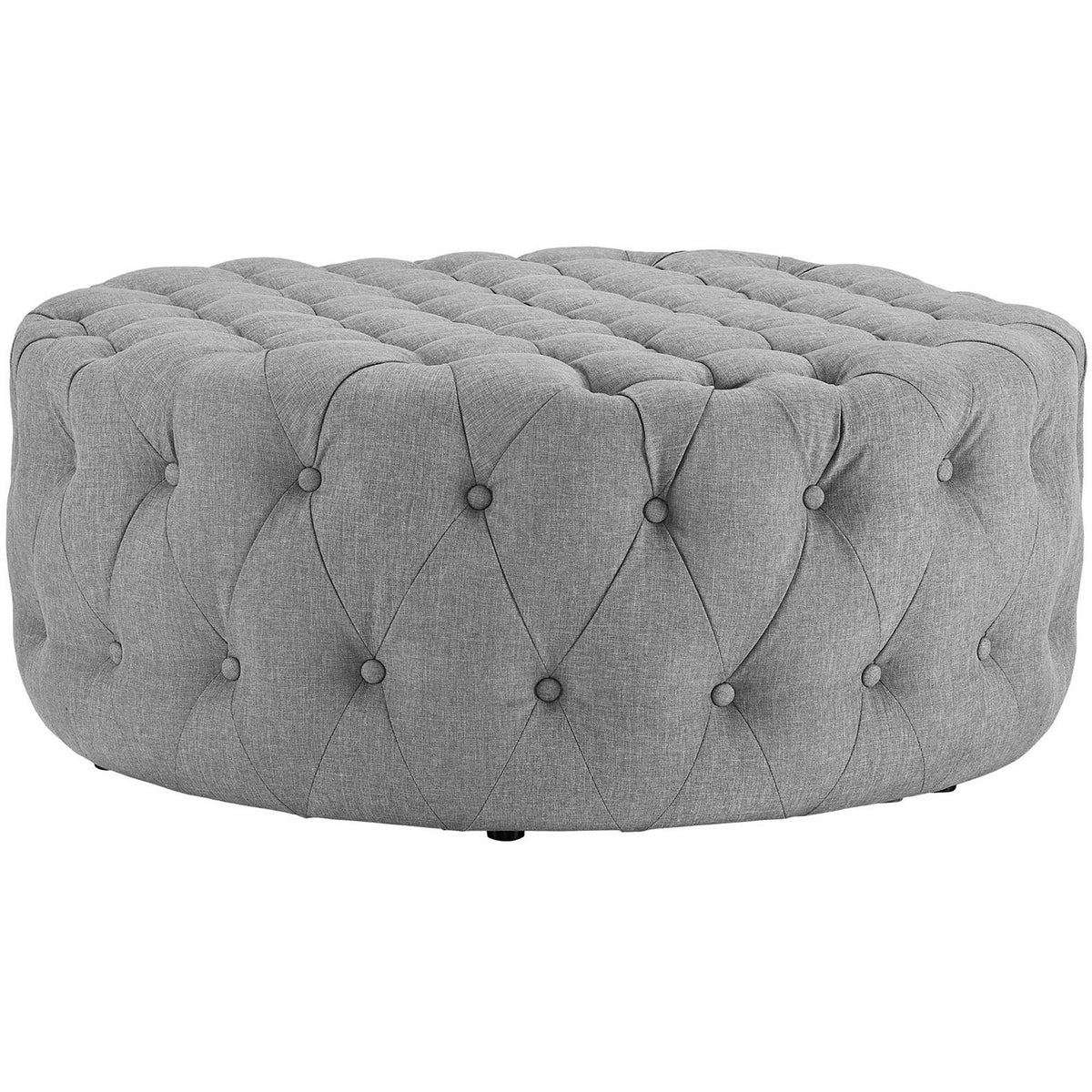 Deeply tufted light gray ottoman with soft, cushioned sides for relaxed lounging || EEI-2225-LGR || front_angle_studio