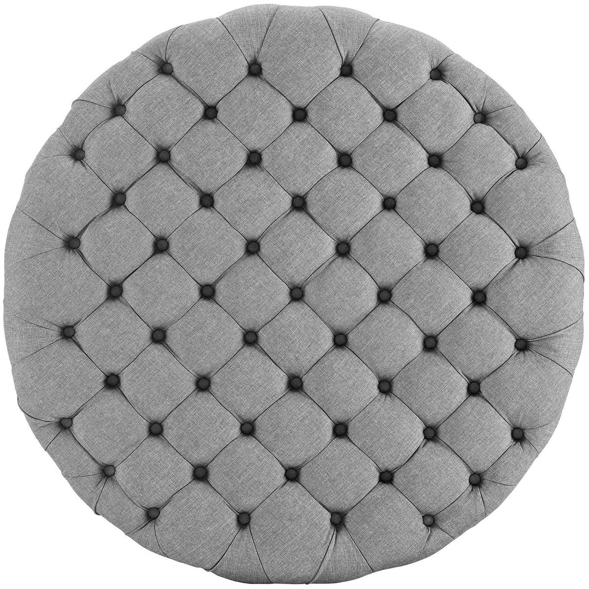 Button-tufted surface creates an elegant grid pattern across the round ottoman seat || EEI-2225-LGR || top_studio