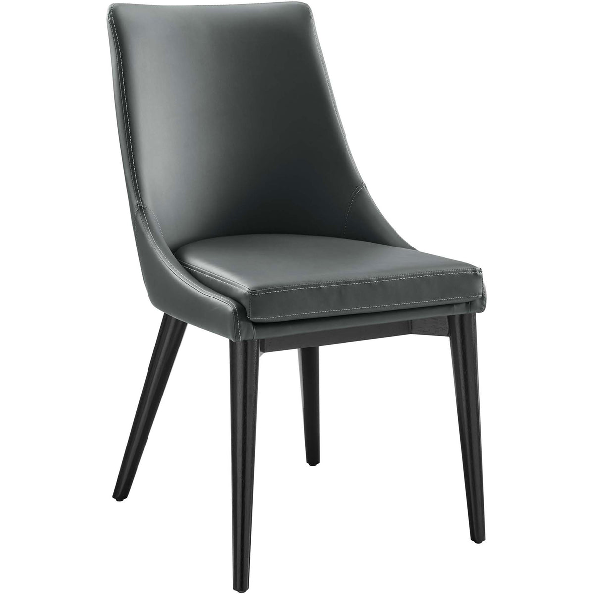 Gray vegan leather dining chair with sleek tapered black wood legs for modern spaces || EEI-2226-GRY || front_angle_studio