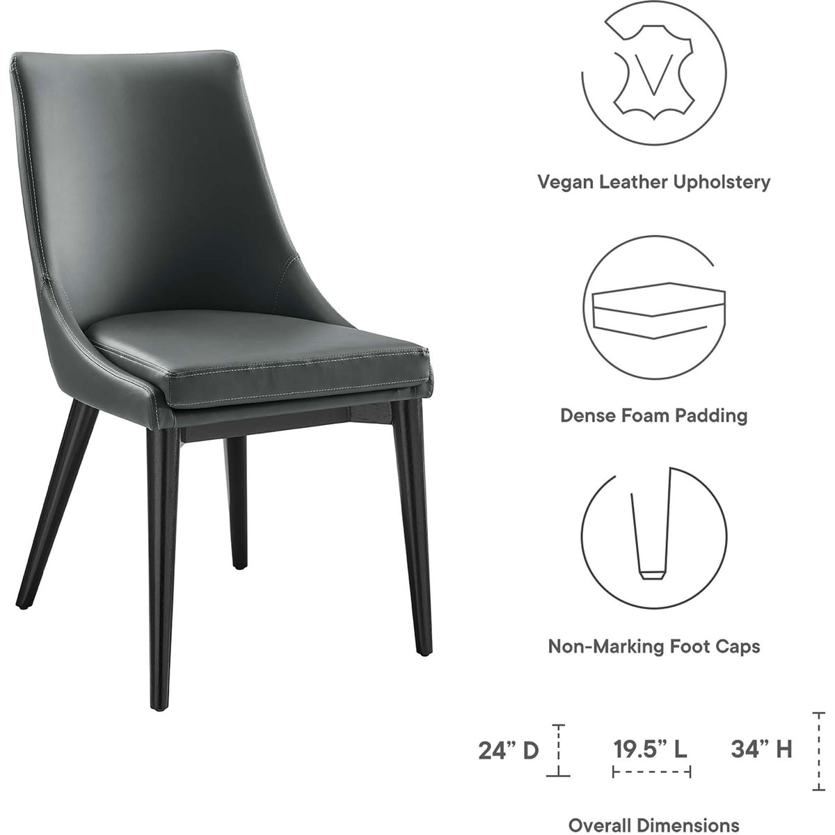 Gray vegan leather dining chair with notes for dense foam, non marking feet, and dimensions || EEI-2226-GRY || dimension_studio