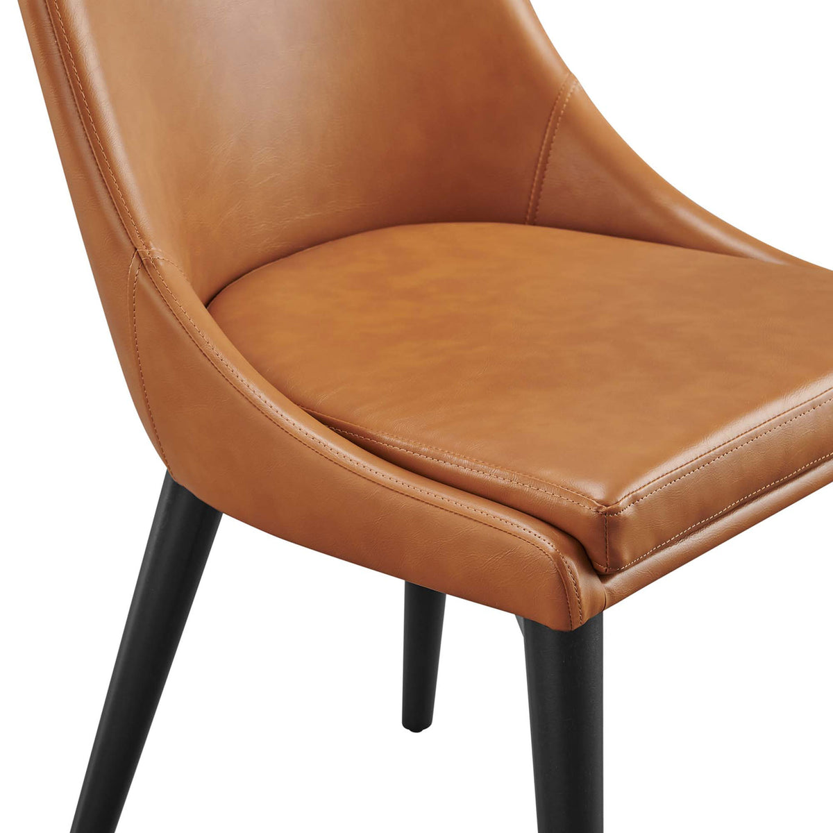 Padded tan vegan leather seat with tailored stitching on black wood dining chair base || EEI-2226-TAN || detail_studio