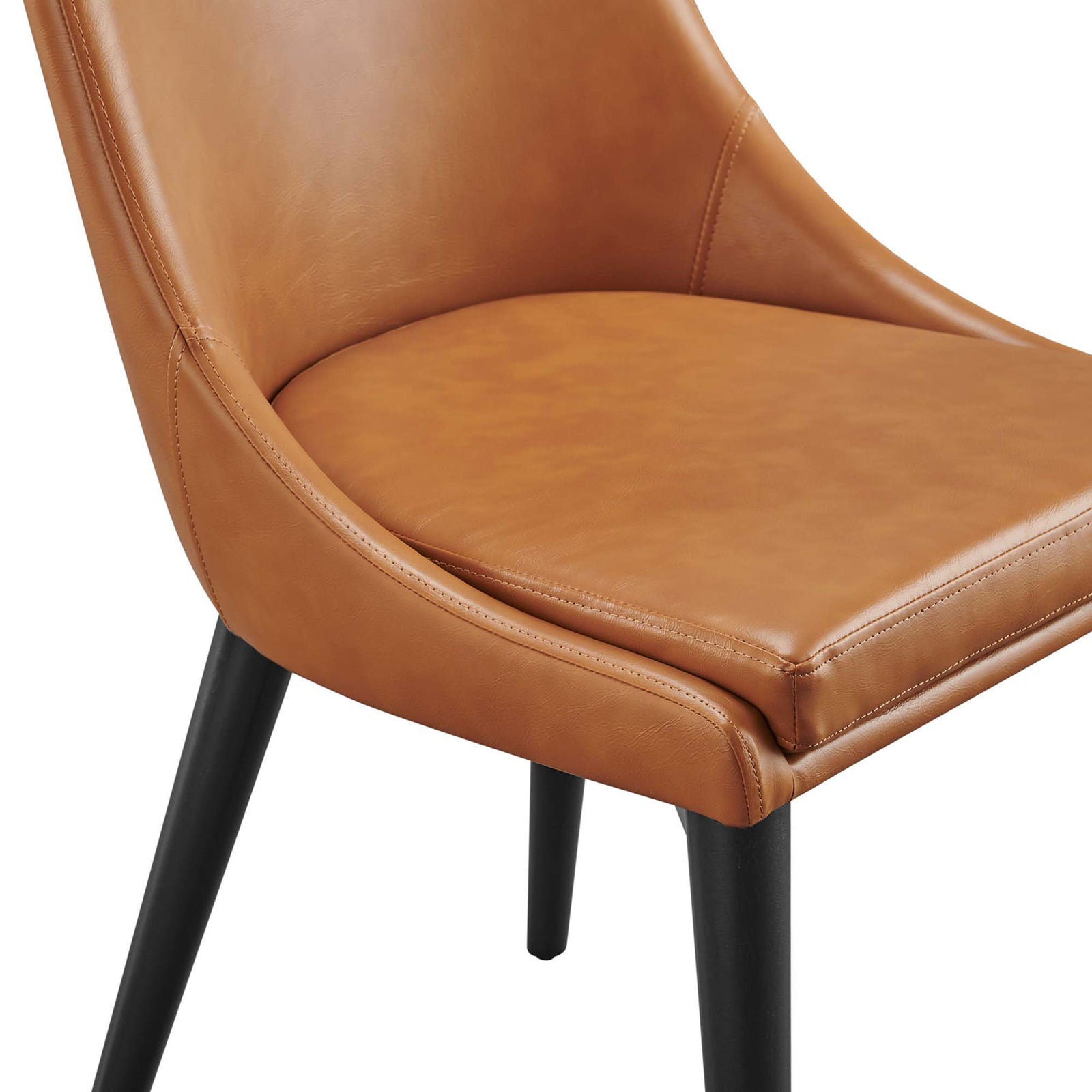 Padded tan vegan leather seat with tailored stitching on black wood dining chair base || EEI-2226-TAN || detail_studio