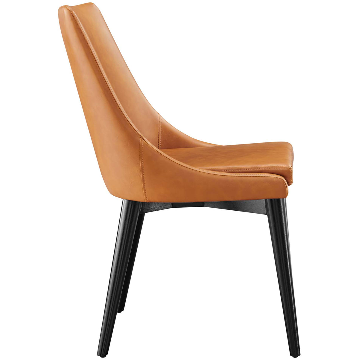 Arched back dining chair in tan vegan leather with slim black tapered legs || EEI-2226-TAN || side_studio