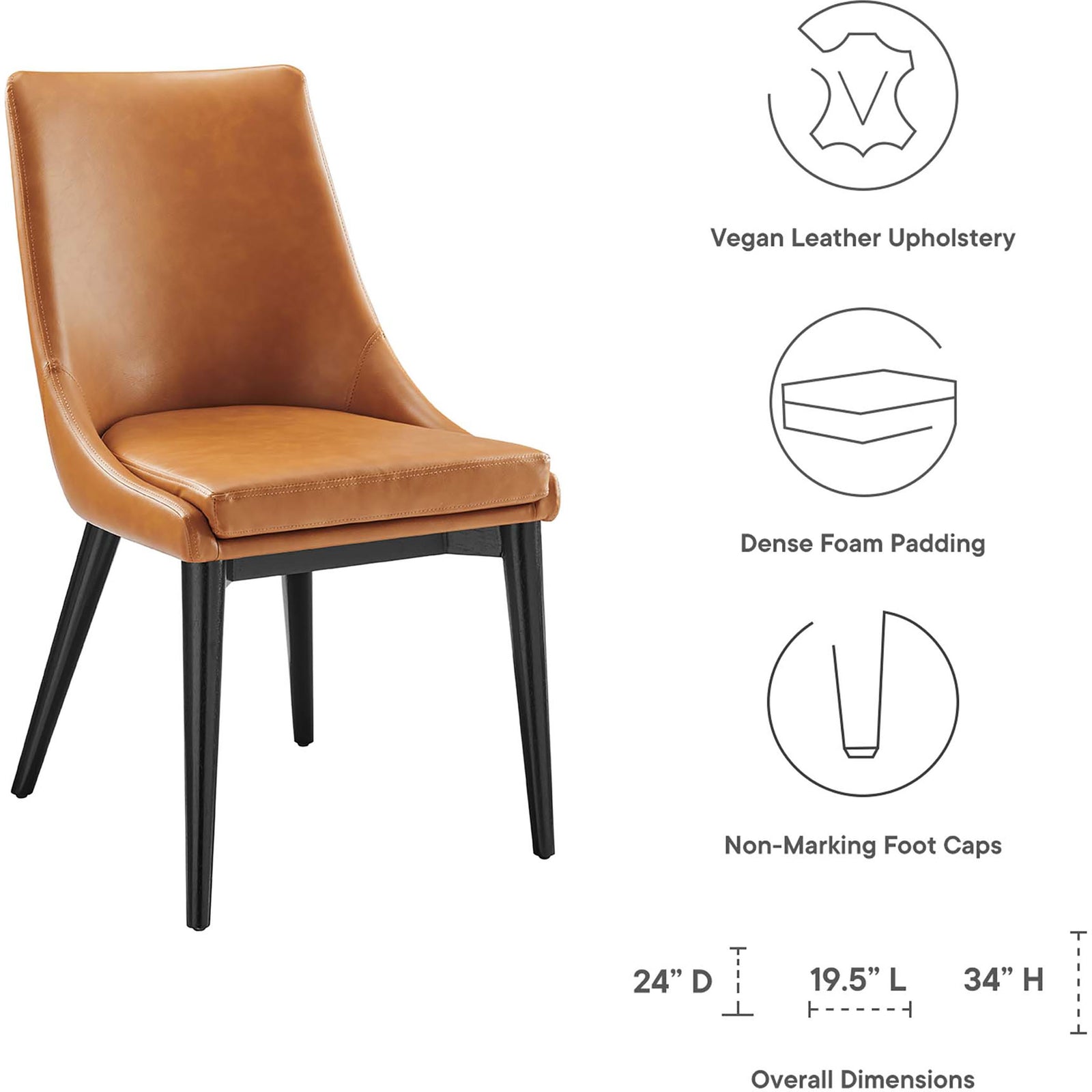 Feature overview of tan vegan leather dining chair with dimensions and comfort highlights || EEI-2226-TAN || dimension_studio