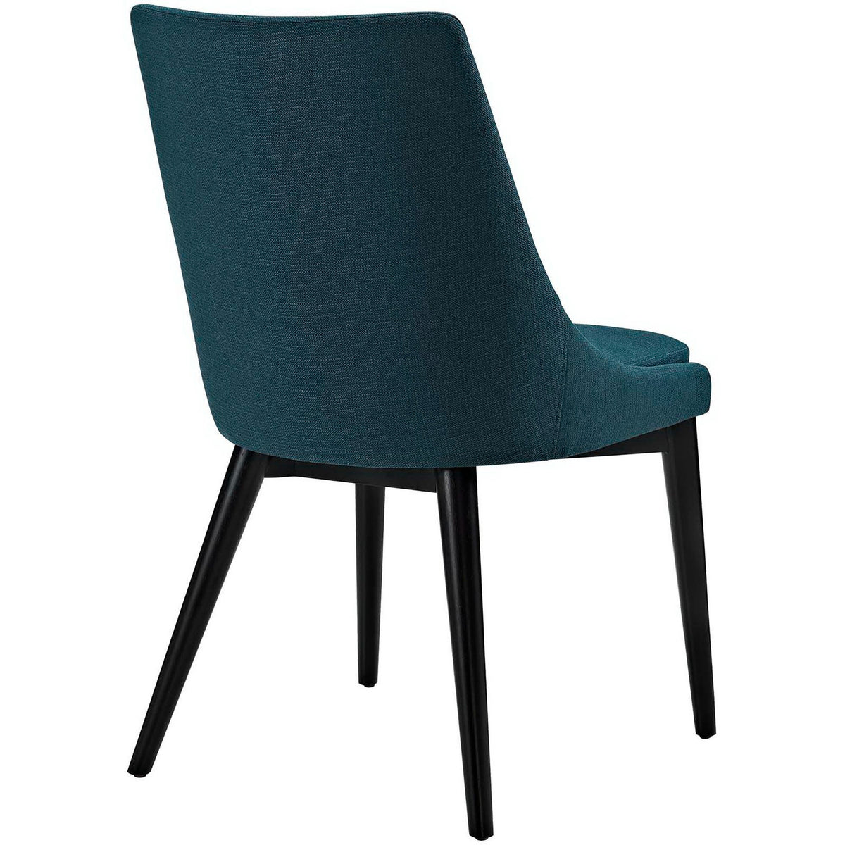 Azure fabric wraps the tall, gently rounded back above splayed black legs.