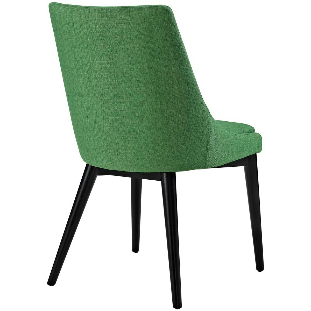 Bold green fabric covers the broad chair back for a crisp contrast with dark wood legs.
