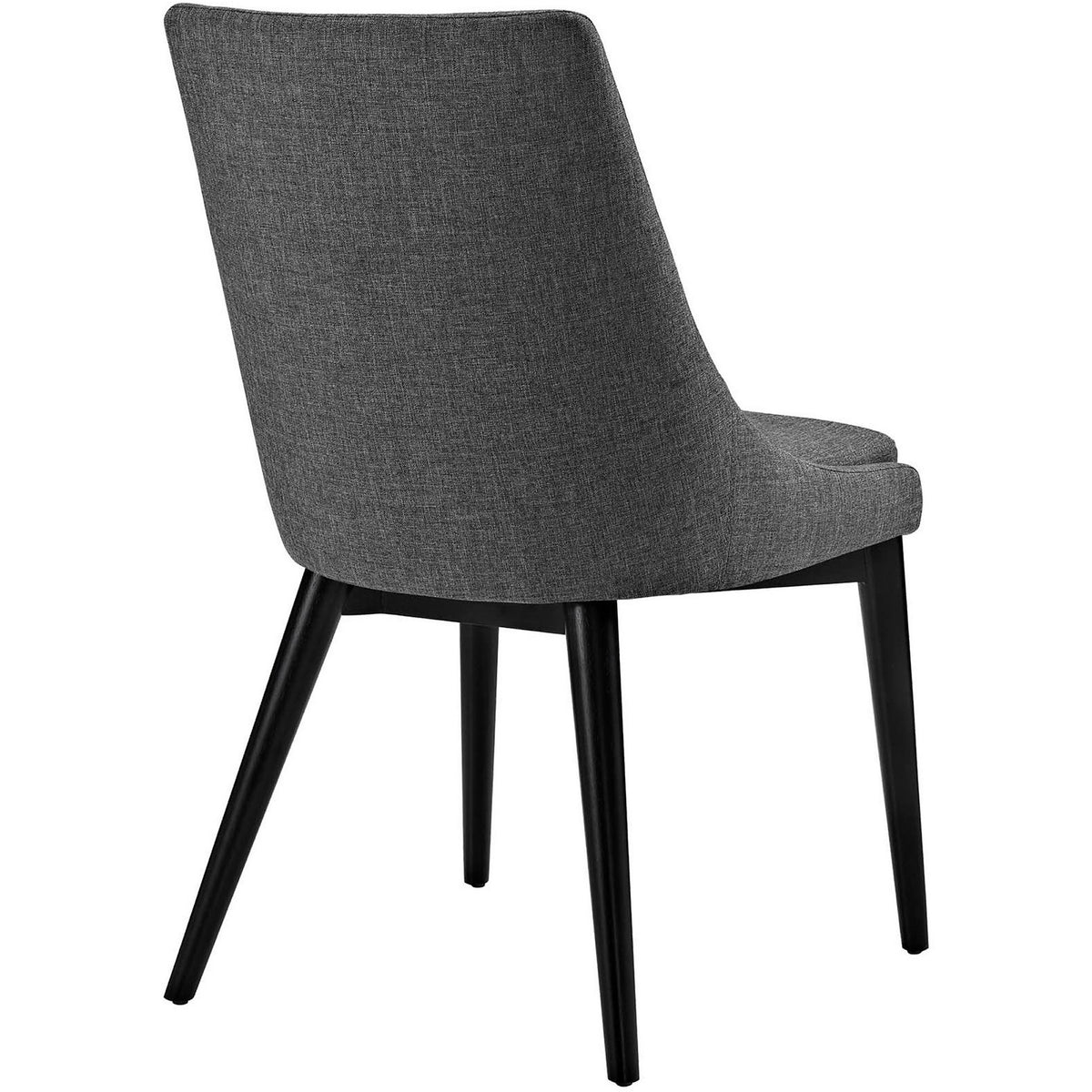 Dark gray fabric stretches across a tall, rounded back for a clean-lined dining chair.