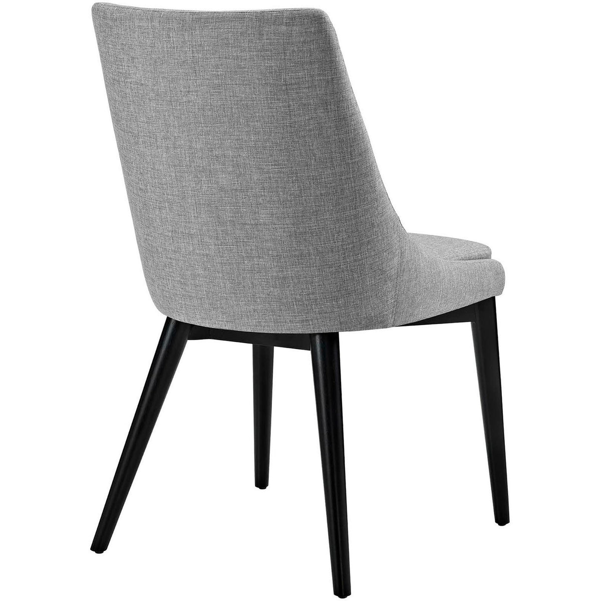 A broad, gently rounded back in light gray fabric complements the slender black legs.