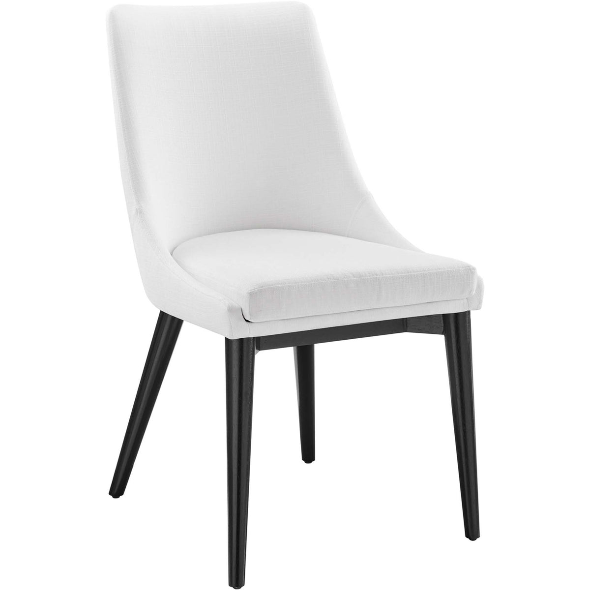 Sleek white fabric dining chair with gently curved back and black tapered wood legs || EEI-2227-WHI || front_angle_studio