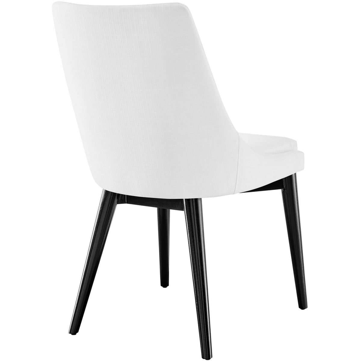 Rear view of the white fabric dining chair showcasing its clean back silhouette and black legs || EEI-2227-WHI || back_studio