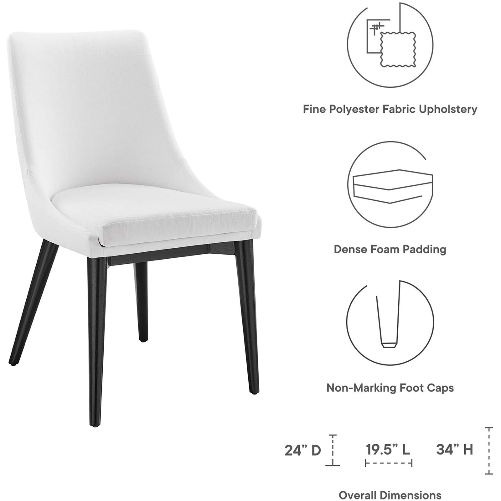 White Viscount dining chair with icons highlighting dense foam, fabric upholstery, and non-marking foot caps || EEI-2227-WHI || dimension_studio