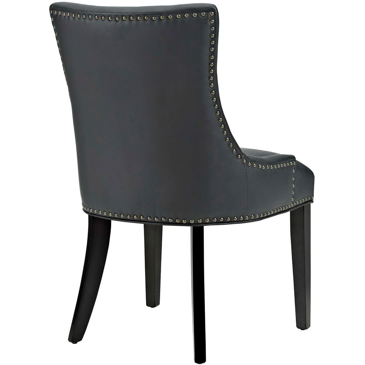 Rear of black vegan leather dining chair with gently flared silhouette and nailhead trim detail || EEI-2228-BLK || back_angle_studio