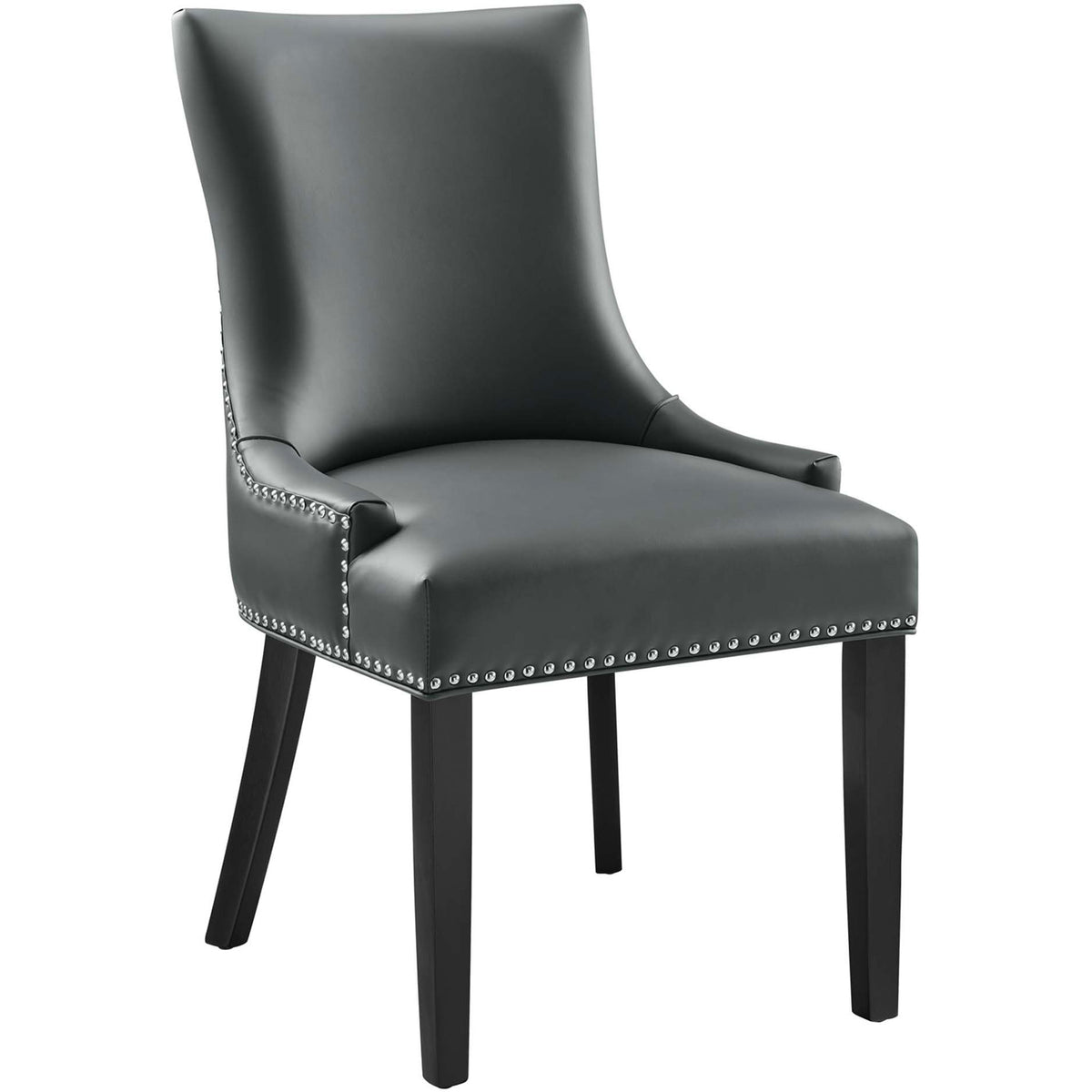 Curved gray vegan leather dining chair with sculpted seat, nailhead trim, and sturdy dark wood base || EEI-2228-GRY || front_angle_studio