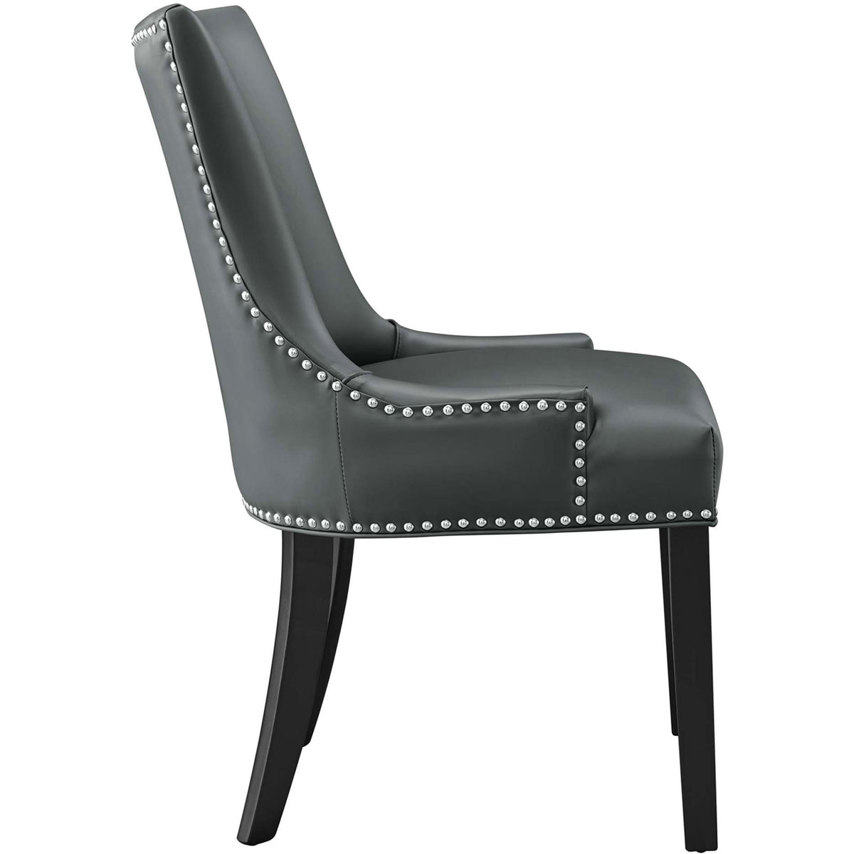 Gray vegan leather dining chair showcasing plush seat cushion, streamlined silhouette, and nailhead border || EEI-2228-GRY || side_studio