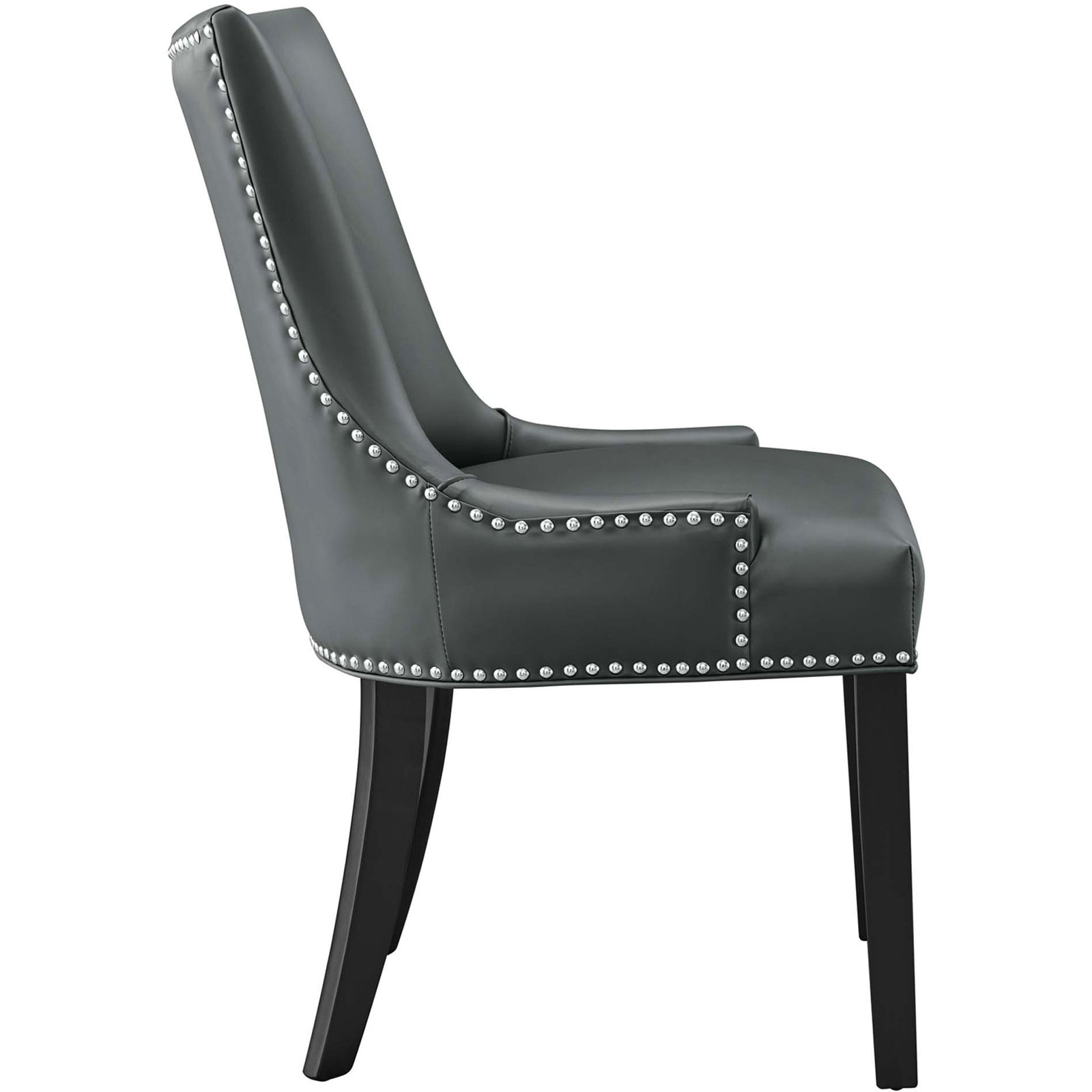 Gray vegan leather dining chair showcasing plush seat cushion, streamlined silhouette, and nailhead border || EEI-2228-GRY || side_studio