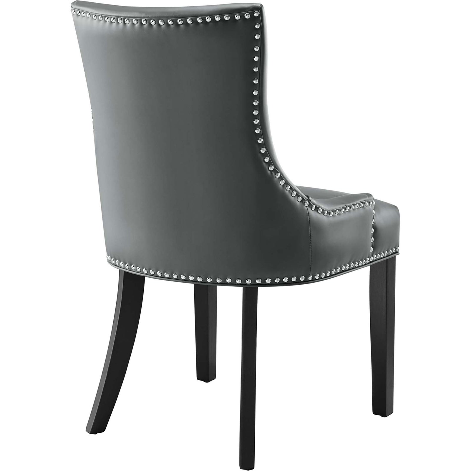 Gray vegan leather dining chair featuring gracefully curved backrest outlined with shining nailhead trim || EEI-2228-GRY || back_angle_studio