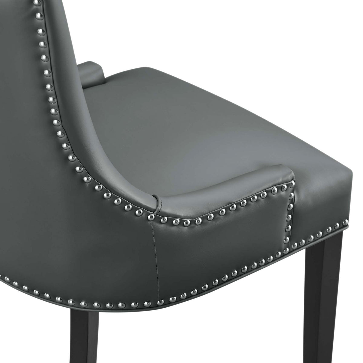 Nailhead trim and smooth gray vegan leather upholstery on Marquis dining chair seat and back || EEI-2228-GRY || detail_studio