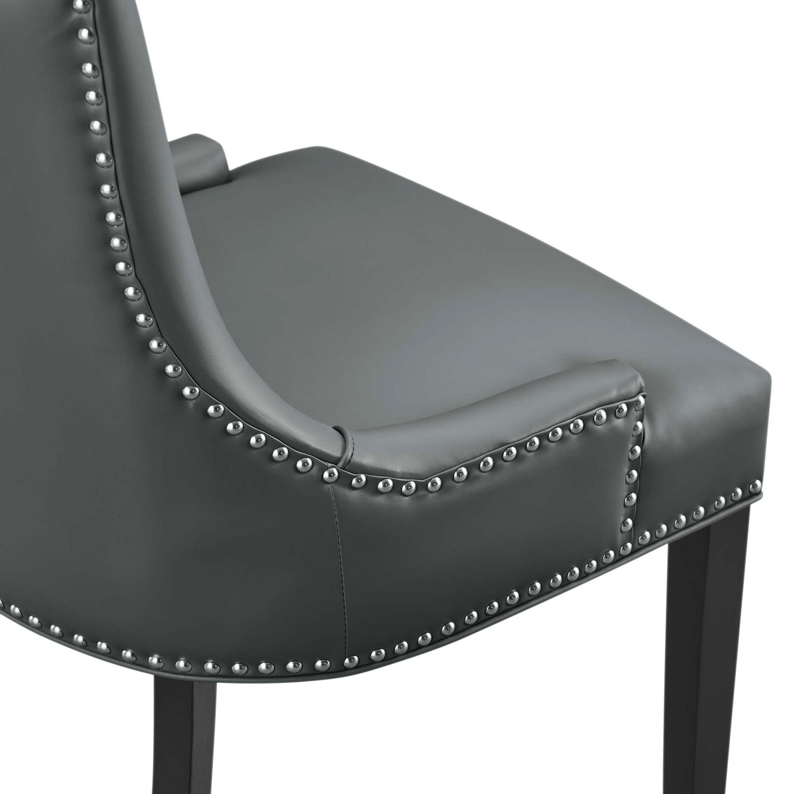 Nailhead trim and smooth gray vegan leather upholstery on Marquis dining chair seat and back || EEI-2228-GRY || detail_studio
