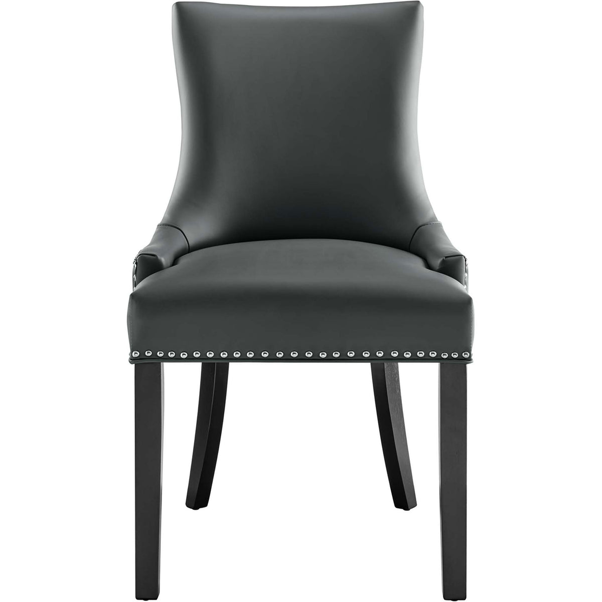 Gray vegan leather dining chair with tall cushioned back, nailhead trim, and dark tapered wood legs || EEI-2228-GRY || front_studio
