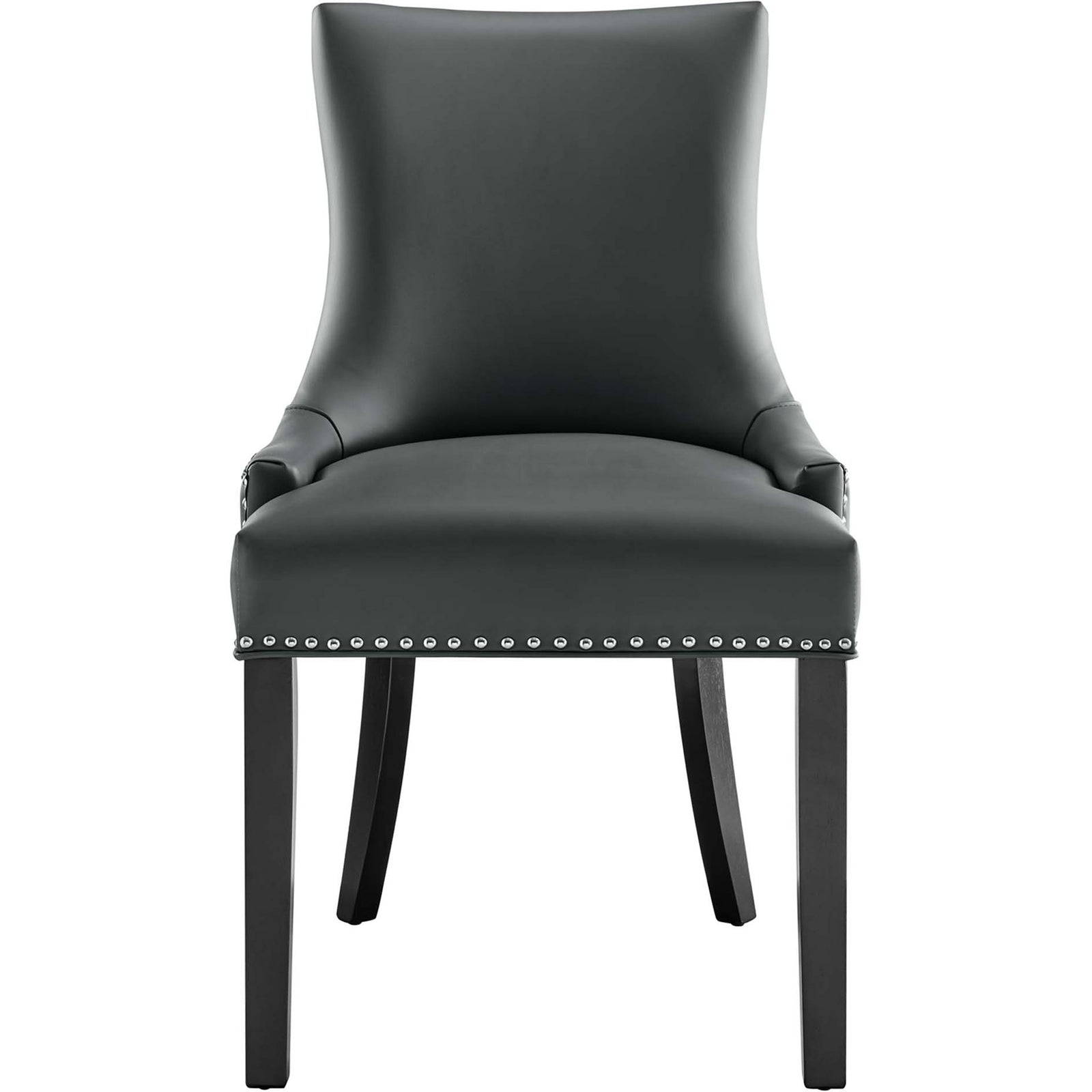 Gray vegan leather dining chair with tall cushioned back, nailhead trim, and dark tapered wood legs || EEI-2228-GRY || front_studio
