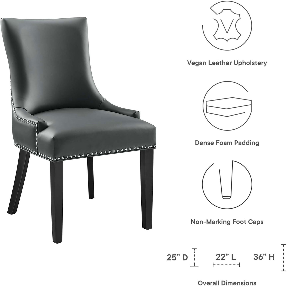Feature icons for gray vegan leather dining chair with dense foam seat, non-marking foot caps, and dimensions || EEI-2228-GRY || dimension_studio