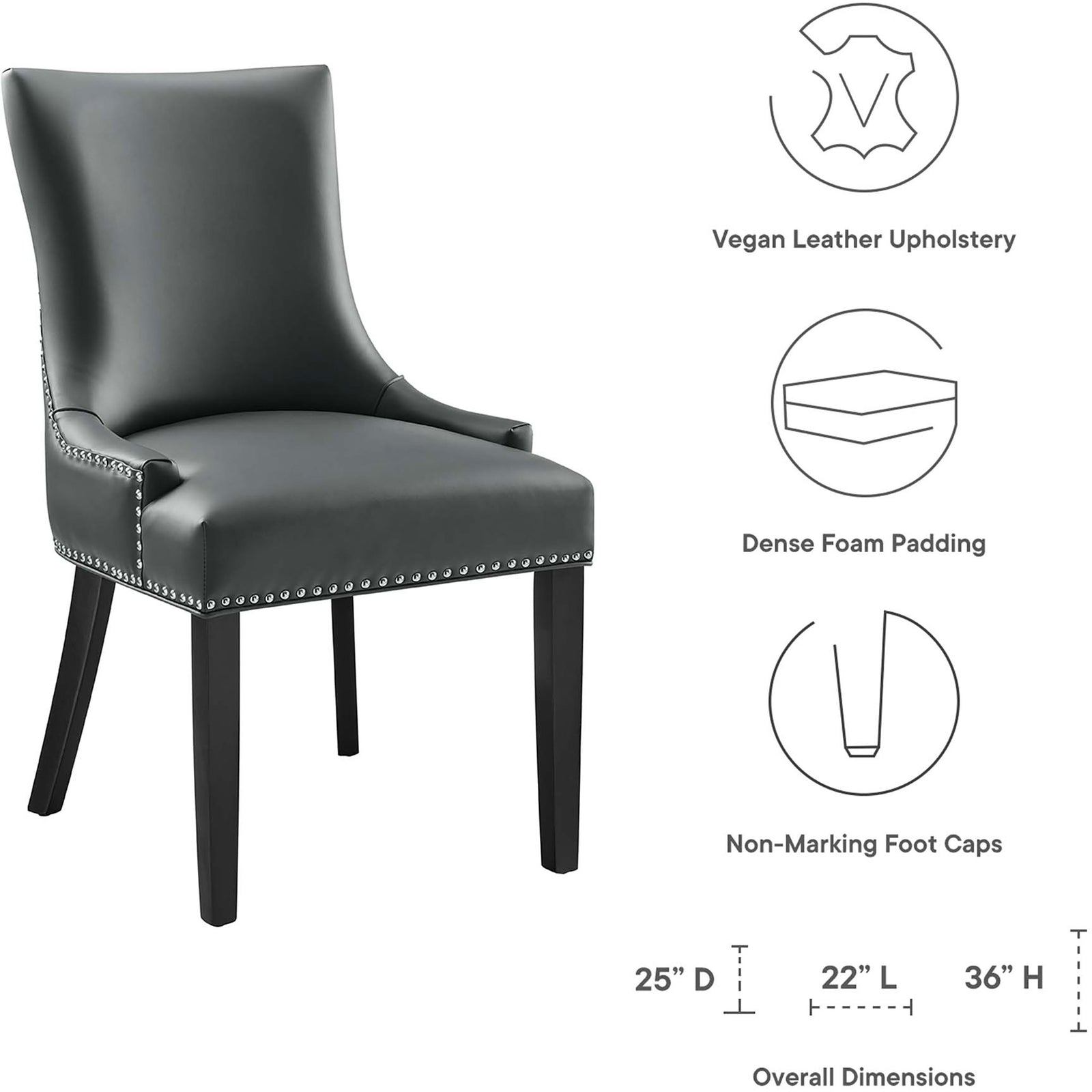 Feature icons for gray vegan leather dining chair with dense foam seat, non-marking foot caps, and dimensions || EEI-2228-GRY || dimension_studio