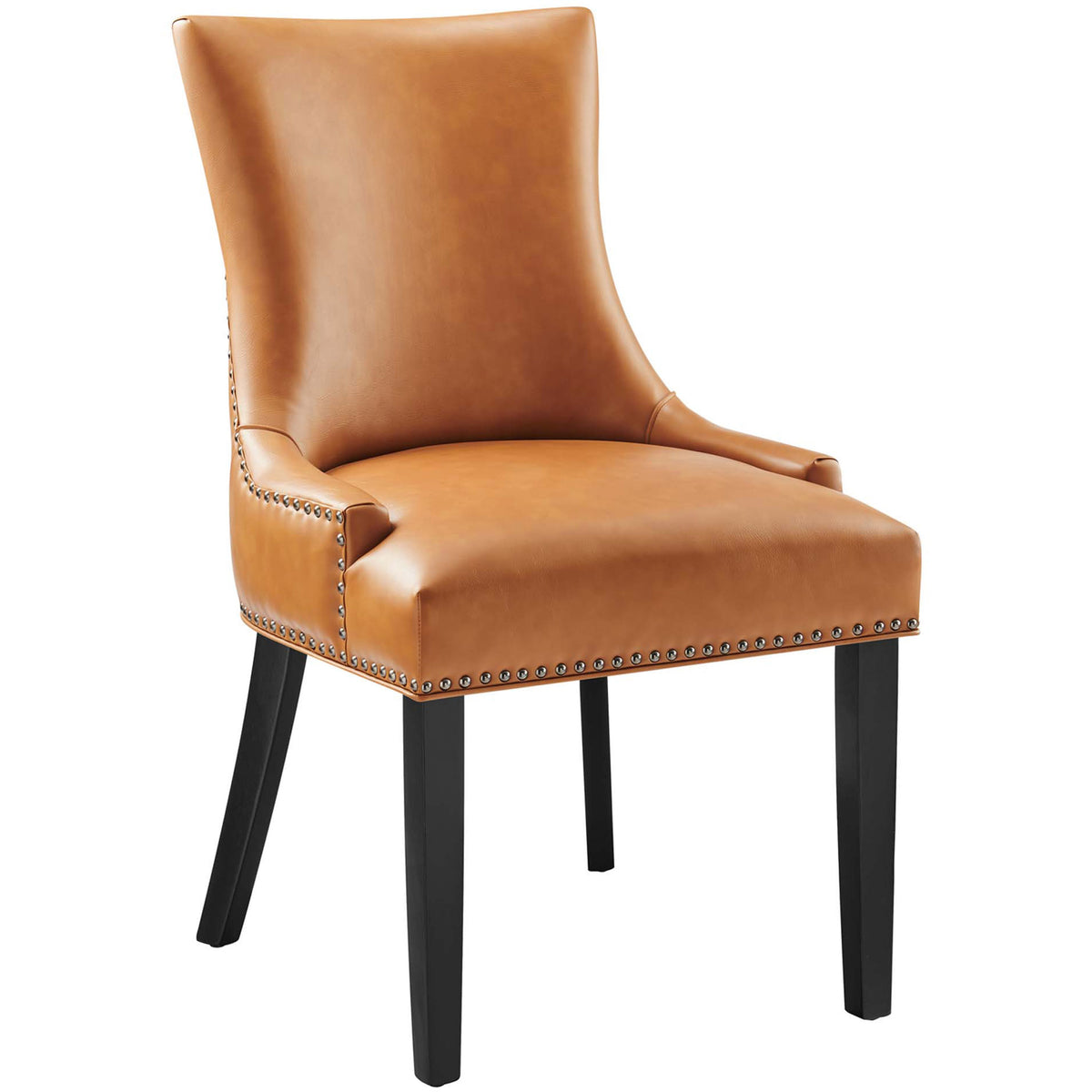 Plush tan vegan leather dining chair with generous cushioning and gently flared backrest || EEI-2228-TAN || front_angle_studio