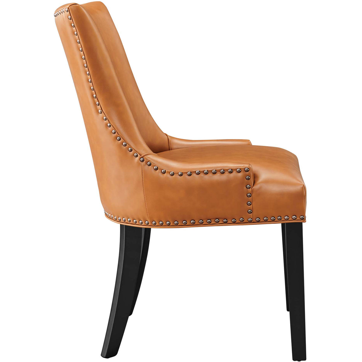 Curved tan vegan leather seat and backrest with decorative nailhead trim and flared back legs || EEI-2228-TAN || side_studio