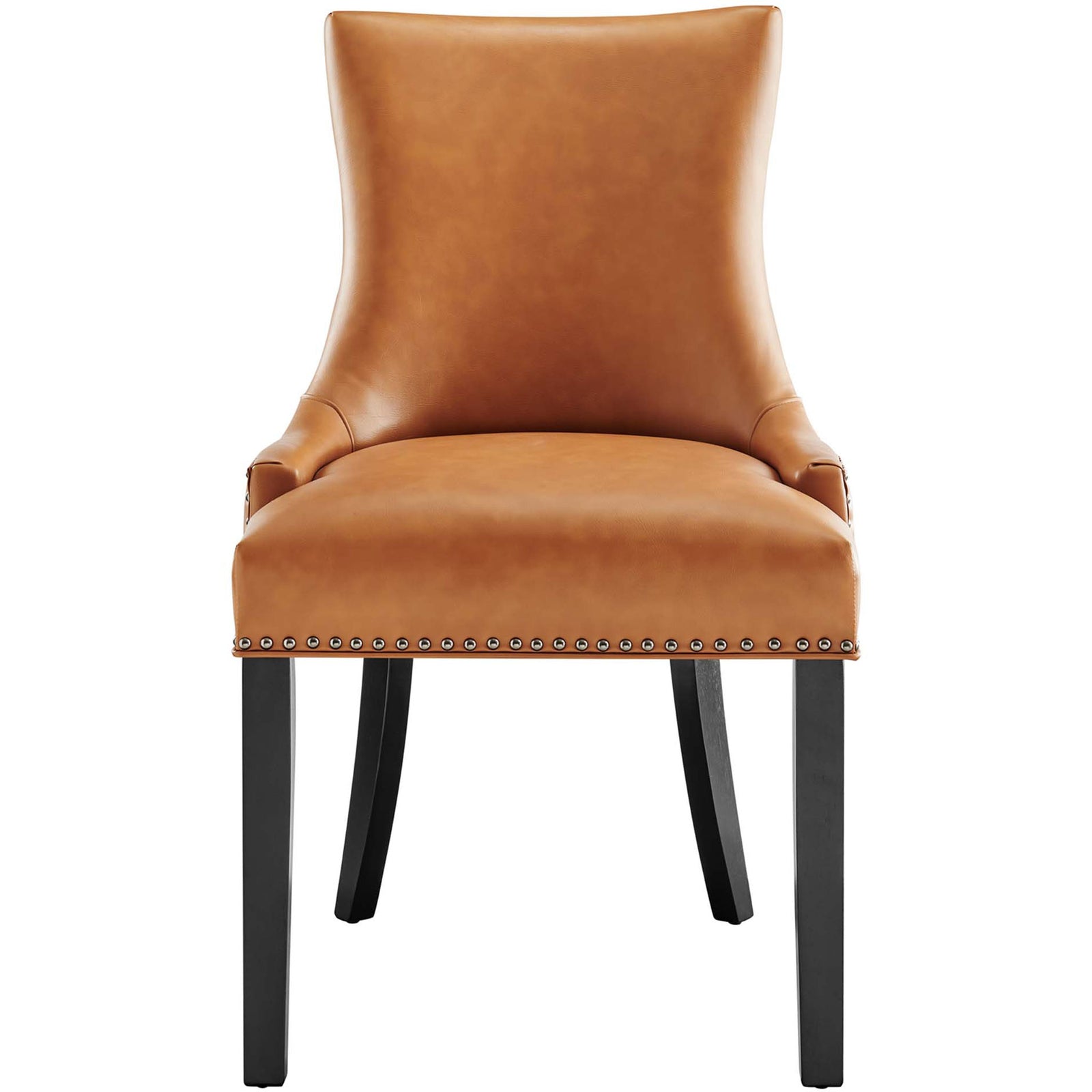 Tan vegan leather dining chair with hourglass back, nailhead trim, and black tapered wood legs || EEI-2228-TAN || front_studio