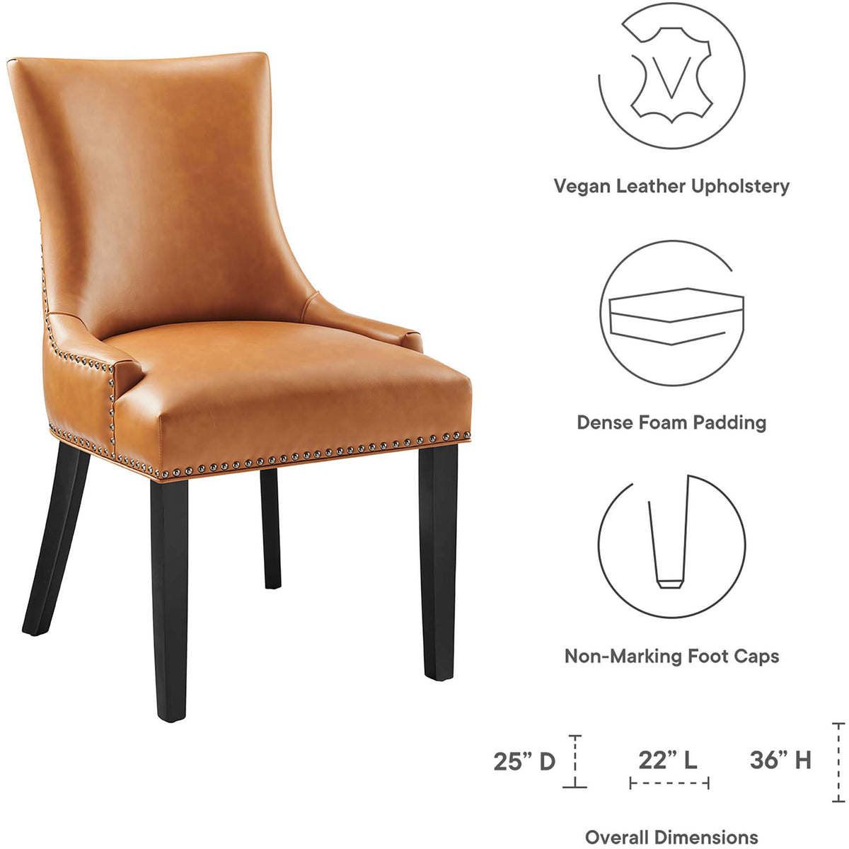 Tan vegan leather dining chair shown with feature icons and overall dimensions for easy planning || EEI-2228-TAN || dimension_studio