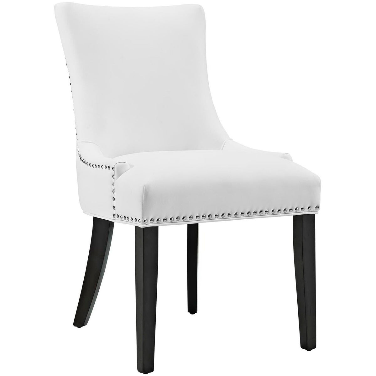 White vegan leather dining chair with hourglass back, nailhead trim, and dark tapered wood legs || EEI-2228-WHI || front_angle_studio