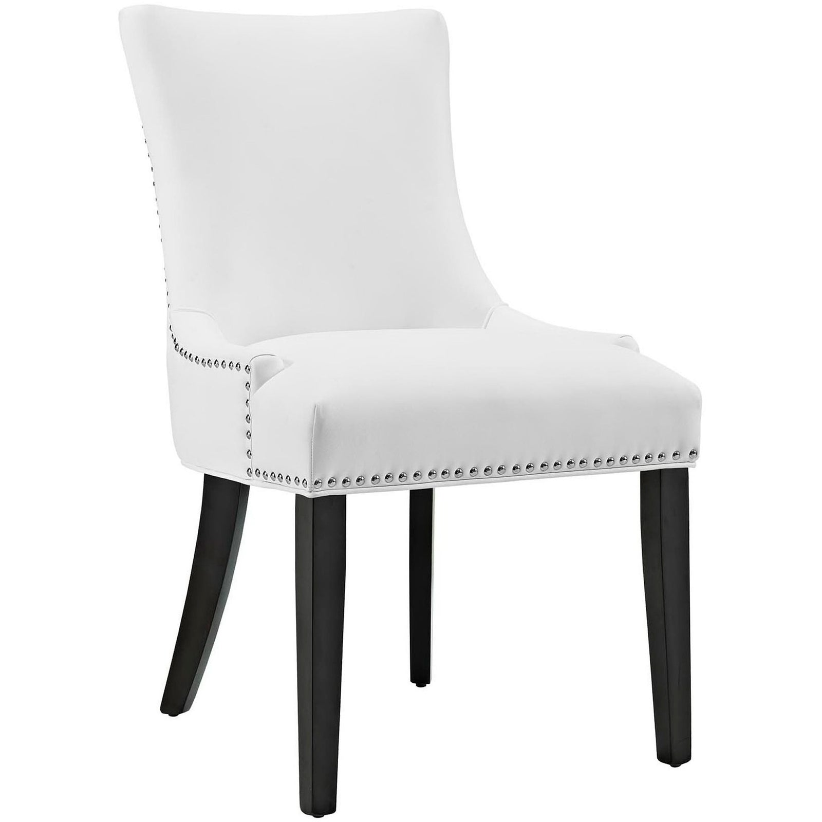 White vegan leather dining chair with hourglass back, nailhead trim, and dark tapered wood legs || EEI-2228-WHI || front_angle_studio