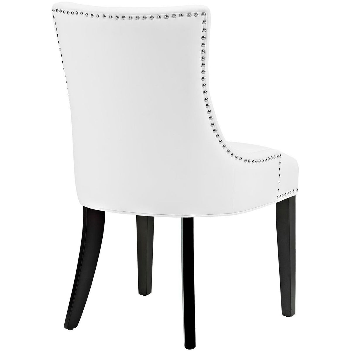 White vegan leather dining chair with smooth curved back and studded nailhead trim over dark wood legs || EEI-2228-WHI || back_angle_studio