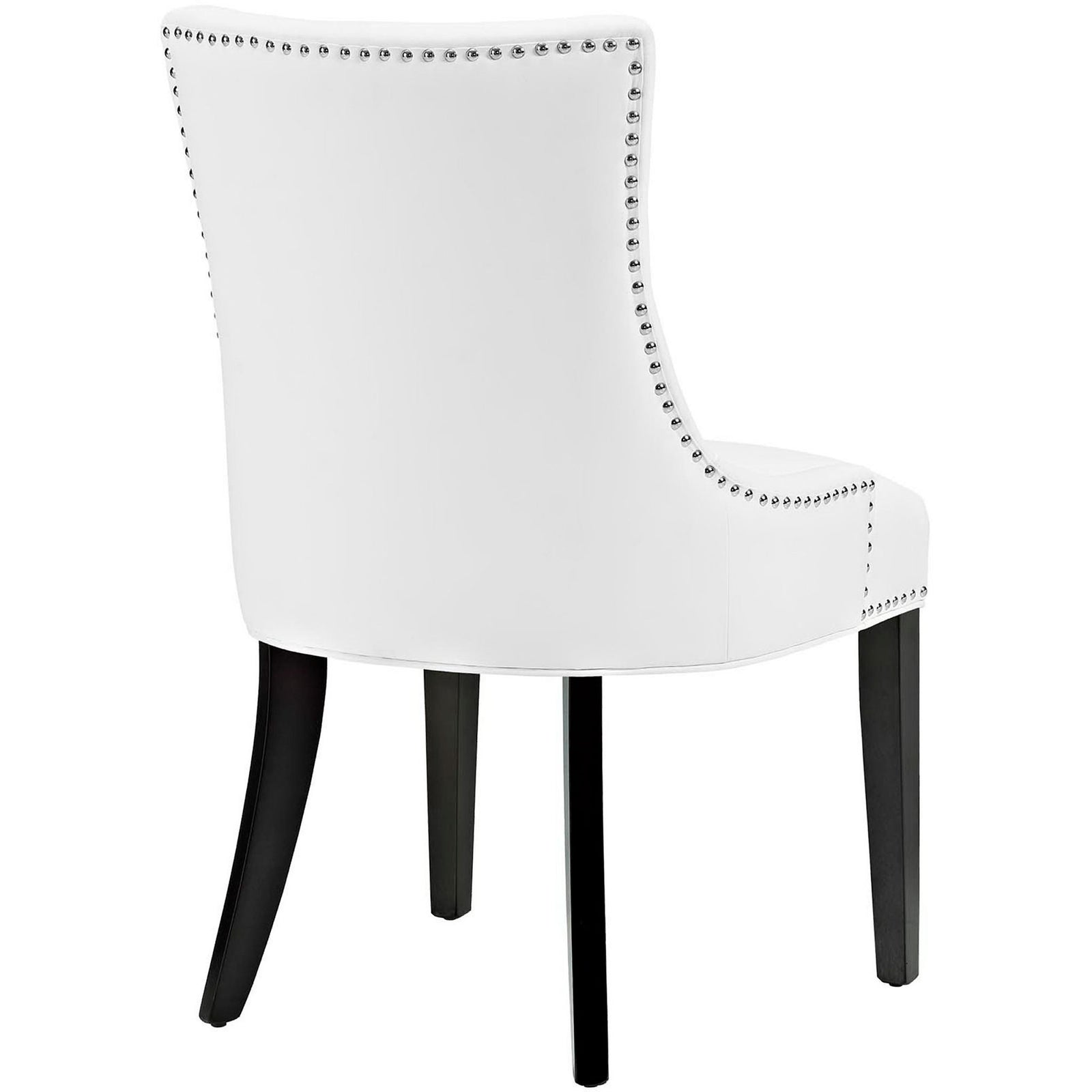 White vegan leather dining chair with smooth curved back and studded nailhead trim over dark wood legs || EEI-2228-WHI || back_angle_studio