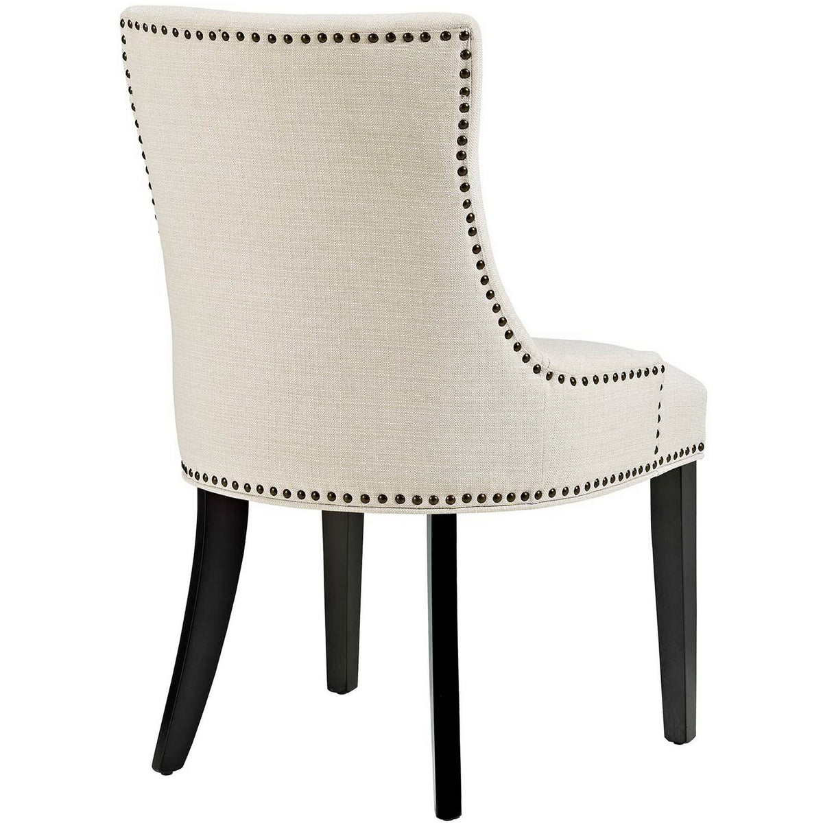 Nailhead trim outlines the sculpted beige back and curved seat above dark tapered legs