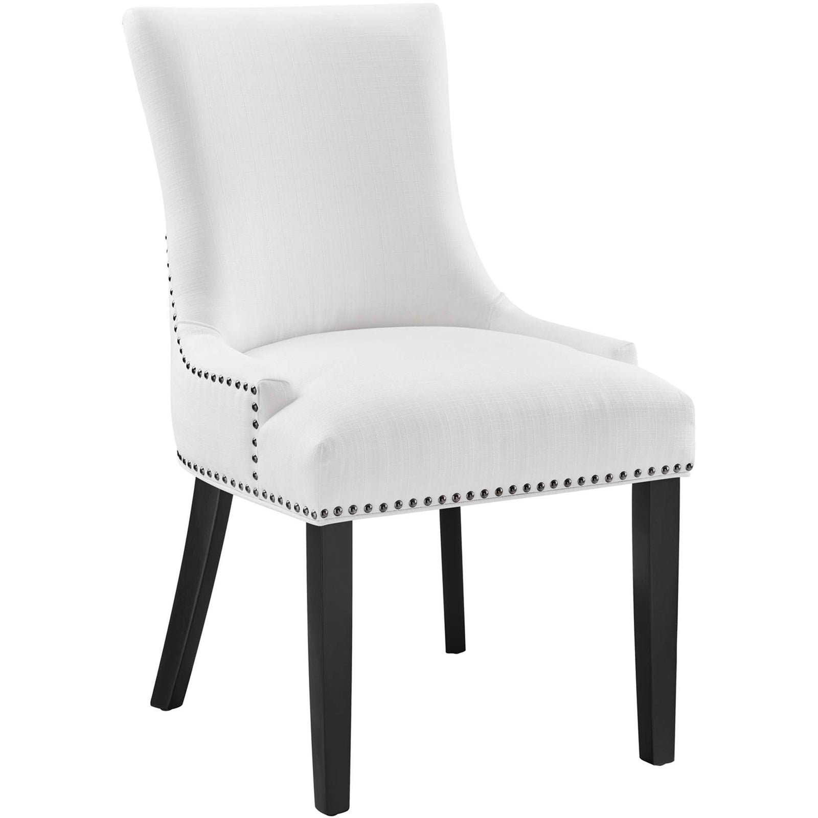 White fabric dining chair with hourglass back, nailhead trim, and black wood legs || EEI-2229-WHI || front_angle_studio