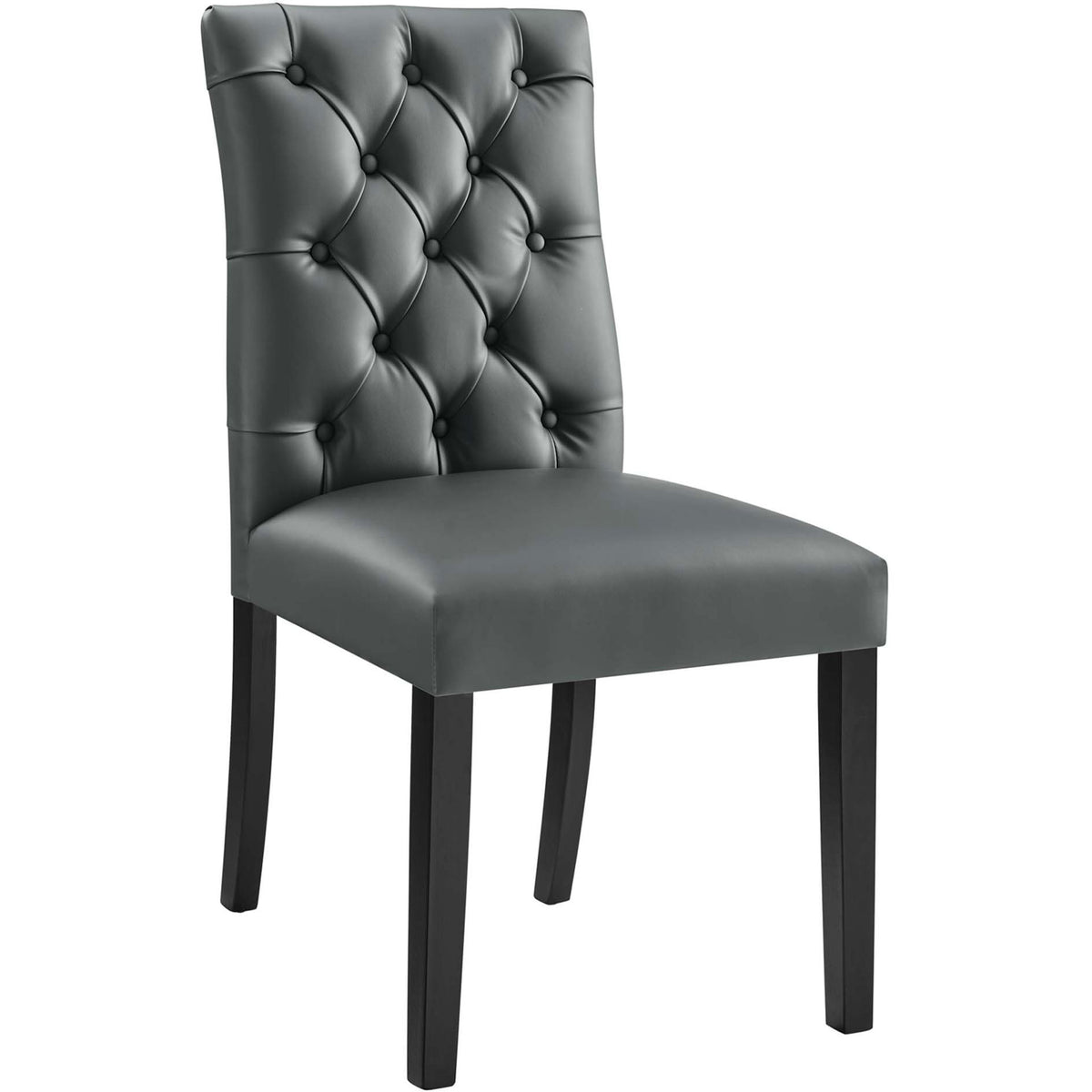 Gray button-tufted vegan leather dining chair with cushioned seat and dark wood legs || EEI-2230-GRY || front_angle_studio