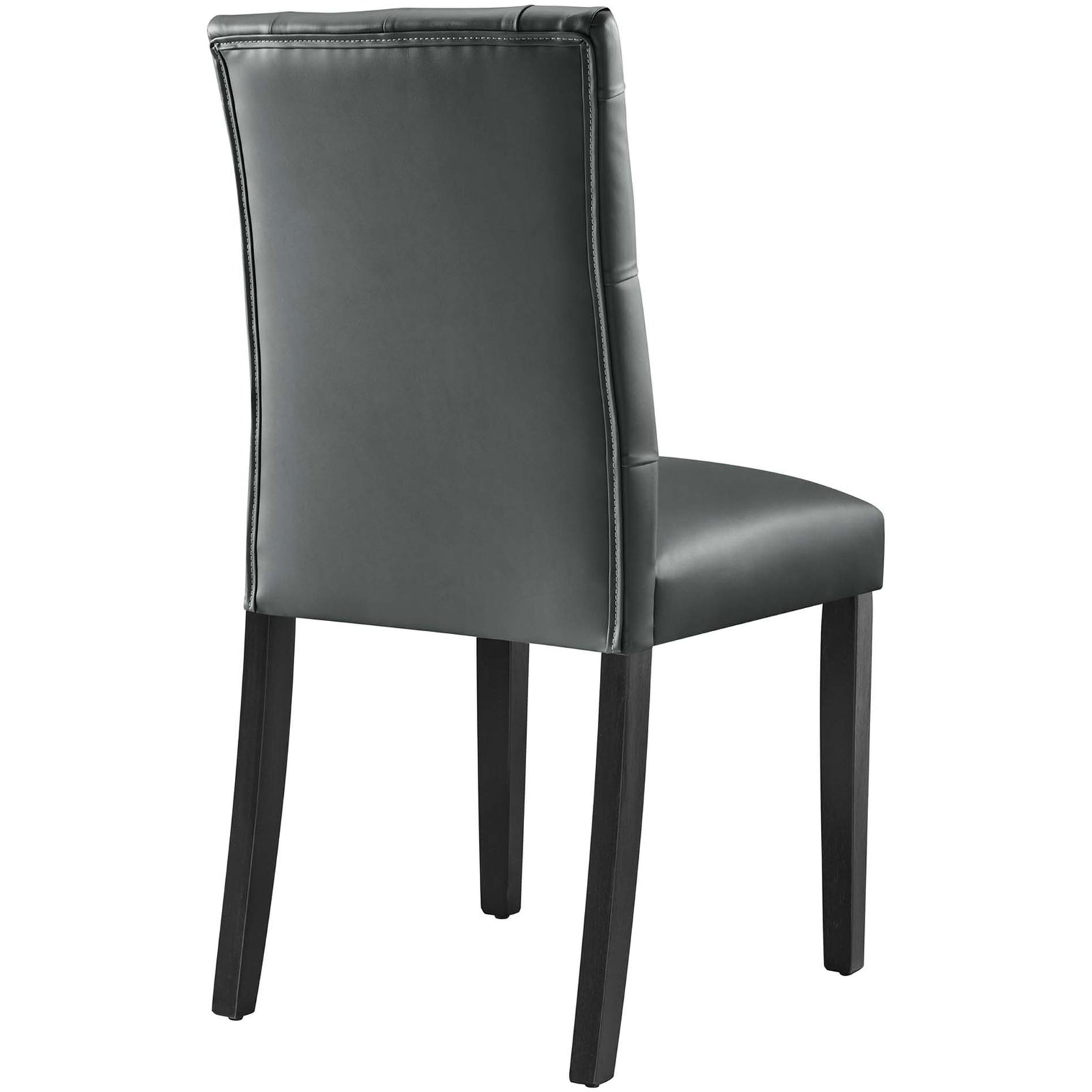 Gray vegan leather dining chair with smooth tailored back, neat piping, and subtle welt trim || EEI-2230-GRY || back_studio