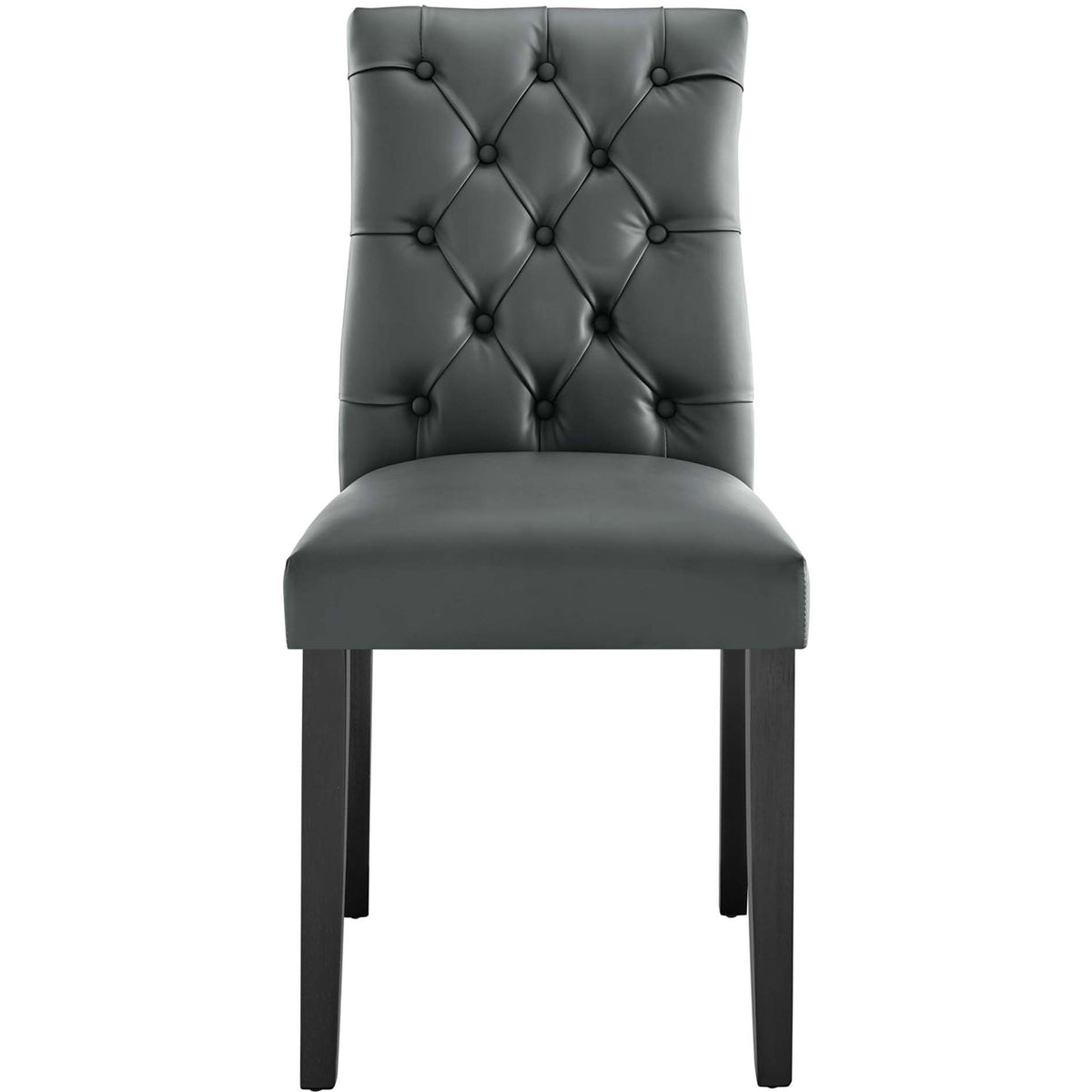 Gray tufted vegan leather dining chair with thick padded seat and sturdy dark wood legs || EEI-2230-GRY || front_studio