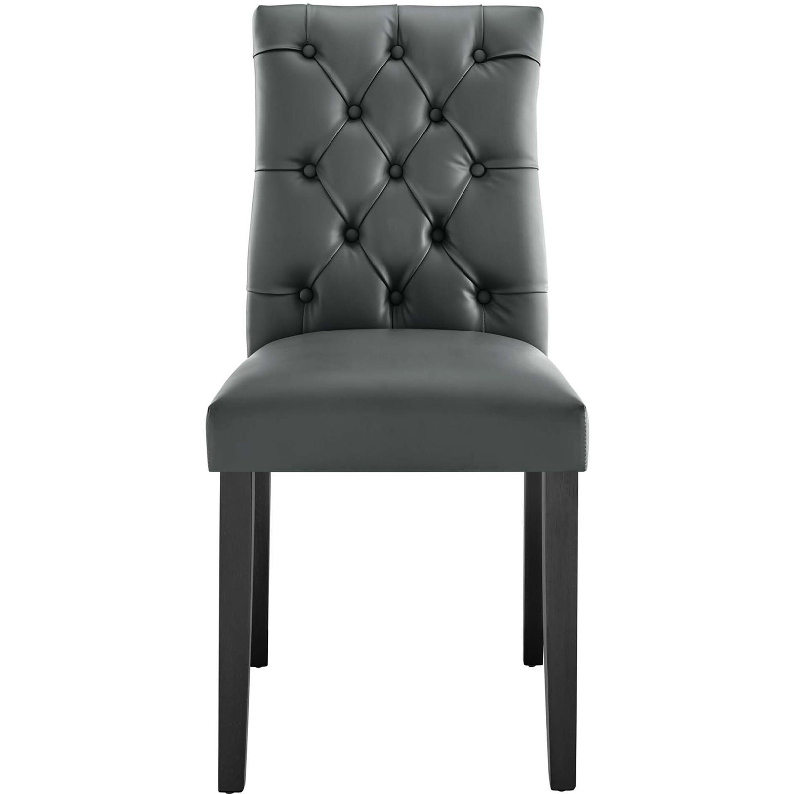 Gray tufted vegan leather dining chair with thick padded seat and sturdy dark wood legs || EEI-2230-GRY || front_studio