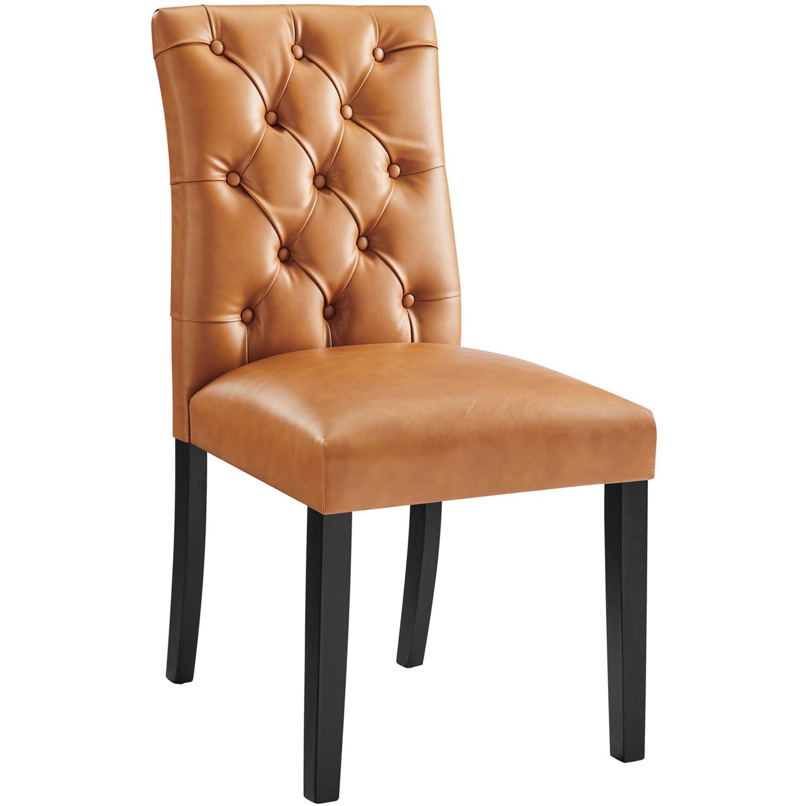 Curved button tufted back and generous cushioned seat bring refined comfort to this tan dining chair. || EEI-2230-TAN || front_angle_studio