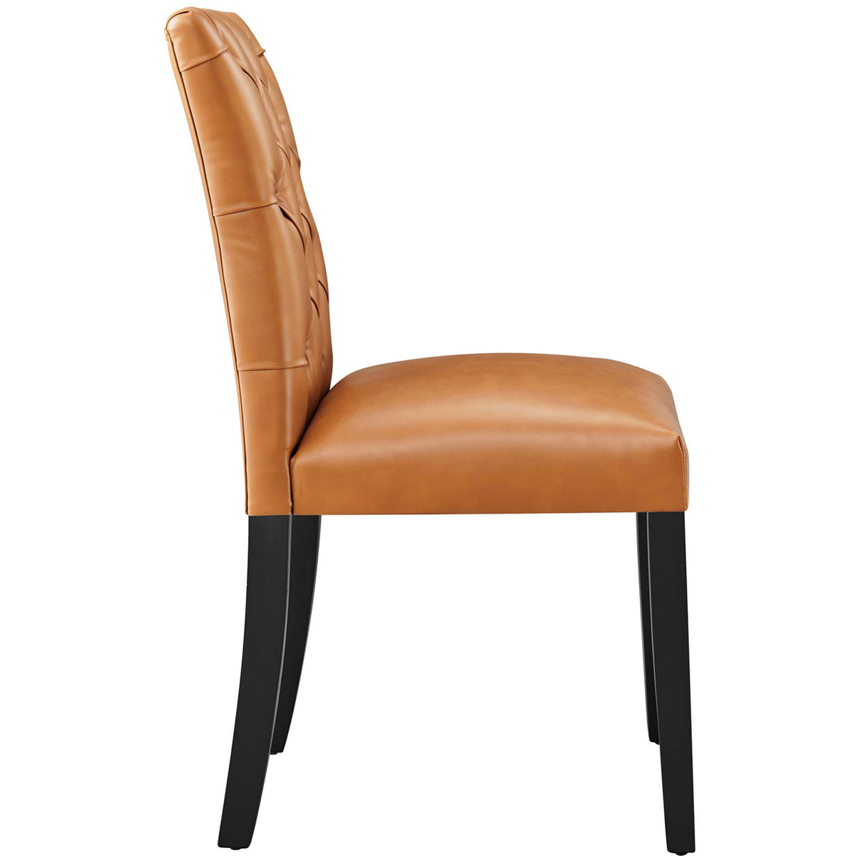 Side profile of the tan vegan leather dining chair highlighting its thick seat cushion and sleek legs. || EEI-2230-TAN || side_studio