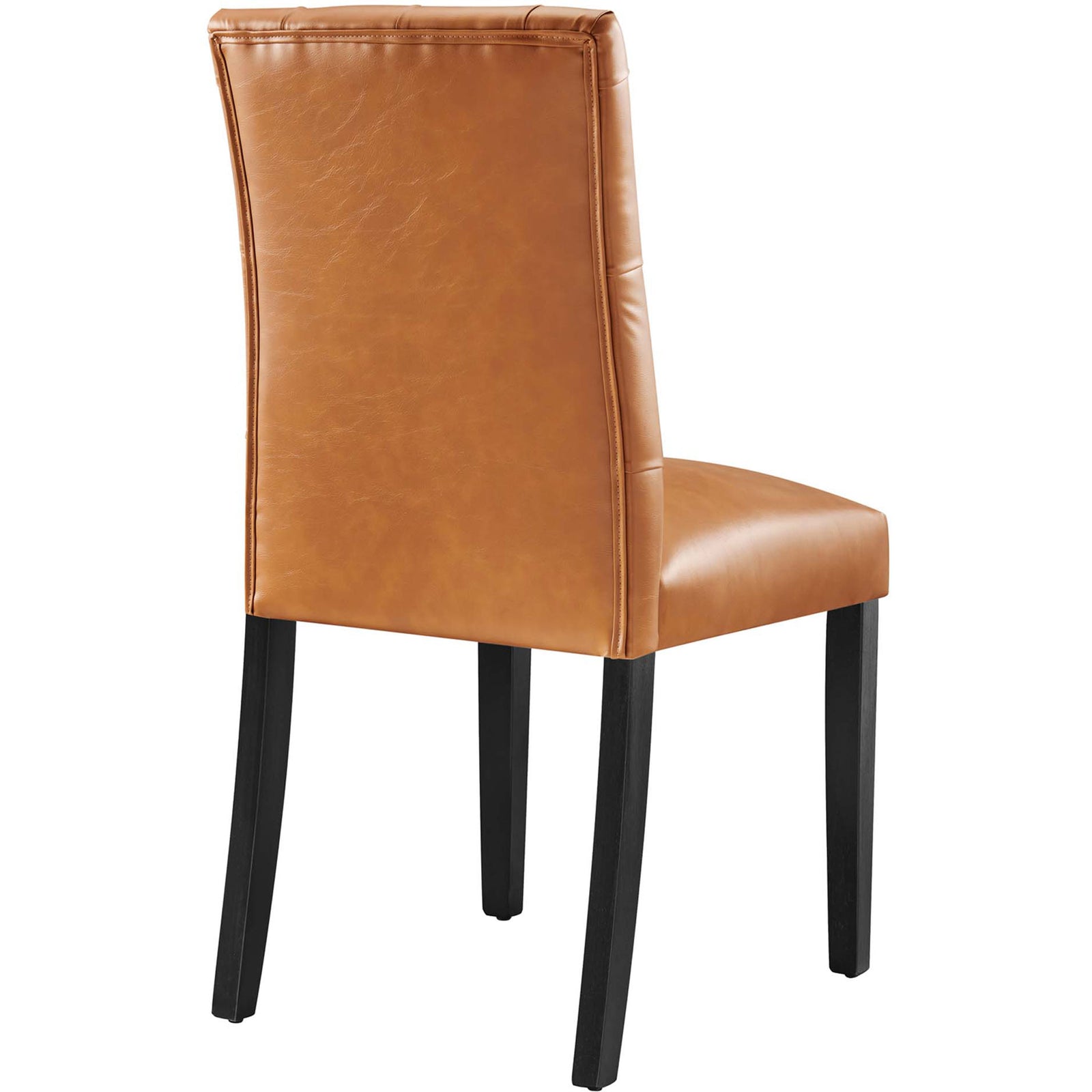 Back view of the tan vegan leather chair showing smooth tailoring and neatly finished seams. || EEI-2230-TAN || back_angle_studio