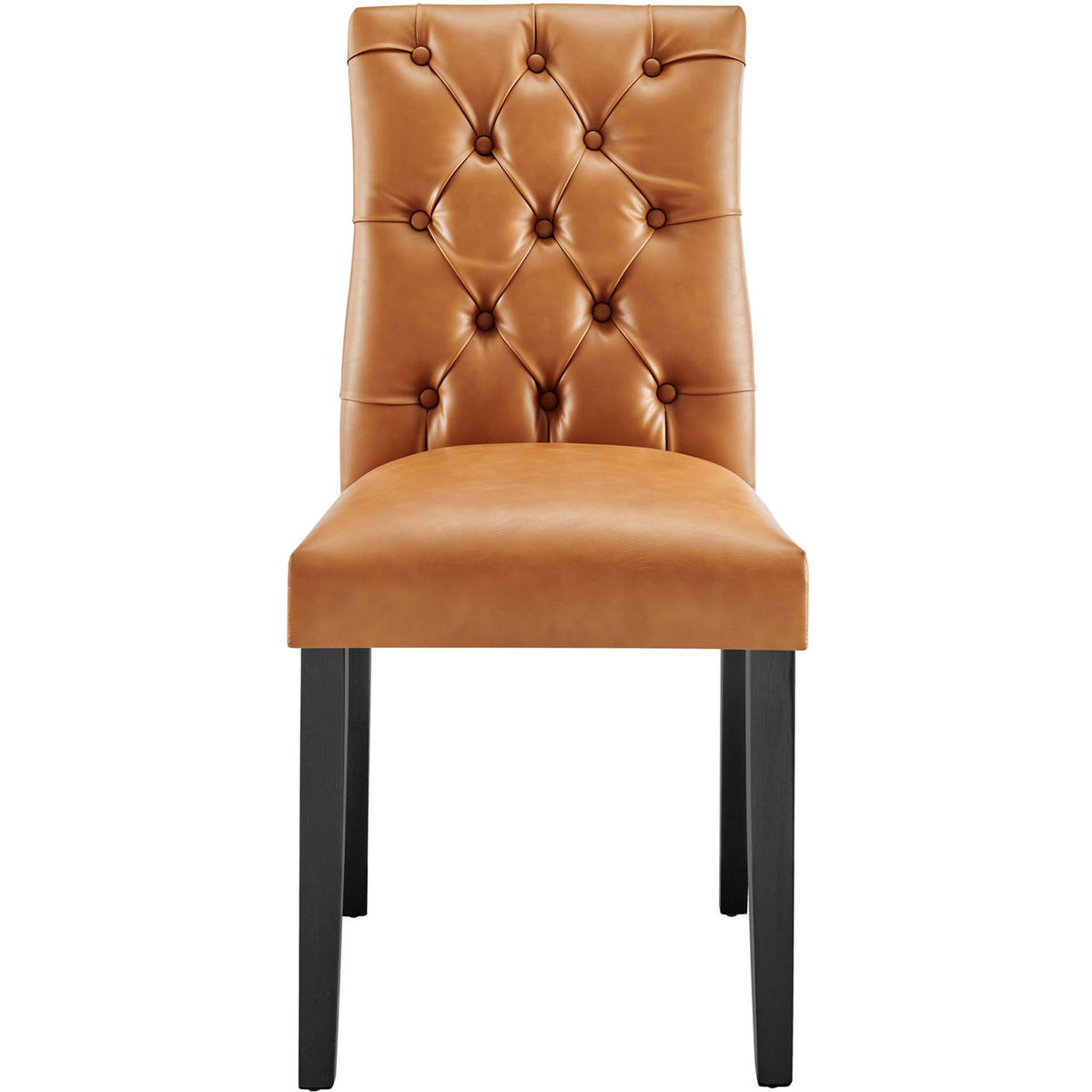 Tan vegan leather dining chair with plush button tufted backrest and padded seat on dark wood legs. || EEI-2230-TAN || front_studio