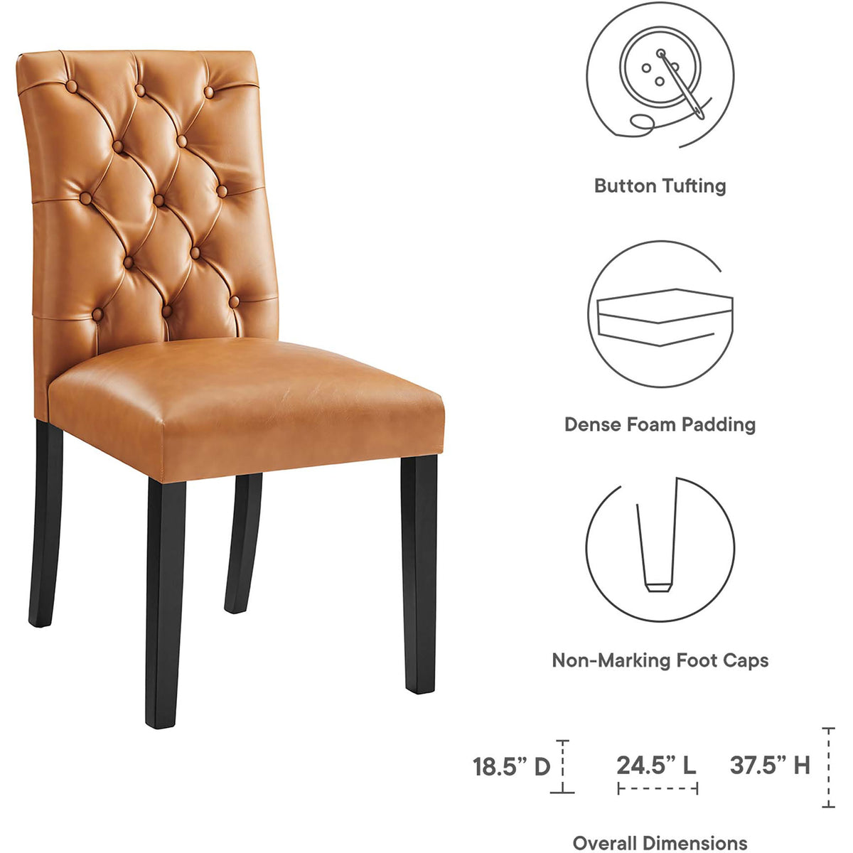Tan button tufted dining chair with icons and measurements calling out comfort and protective foot caps. || EEI-2230-TAN || dimension_studio