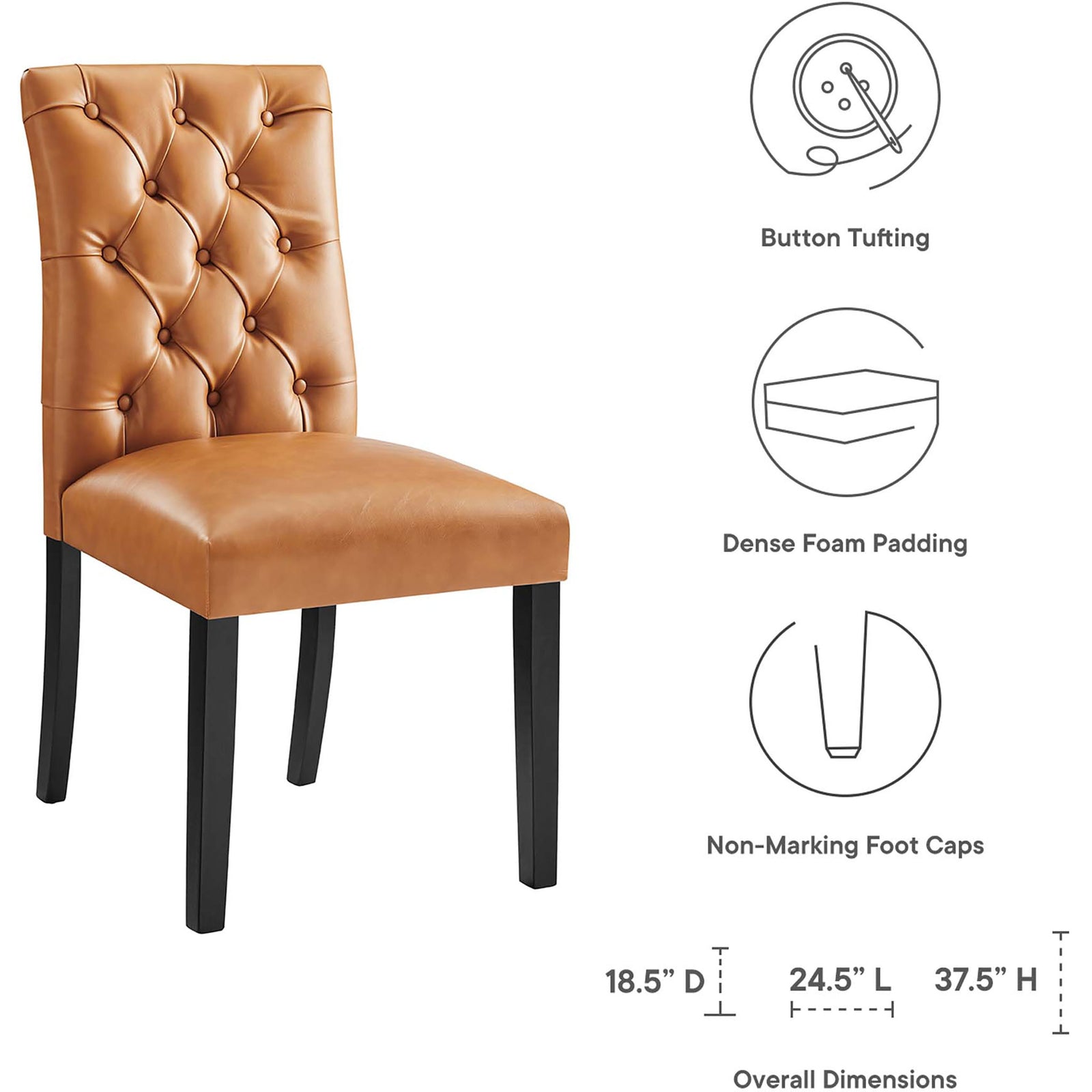 Tan button tufted dining chair with icons and measurements calling out comfort and protective foot caps. || EEI-2230-TAN || dimension_studio